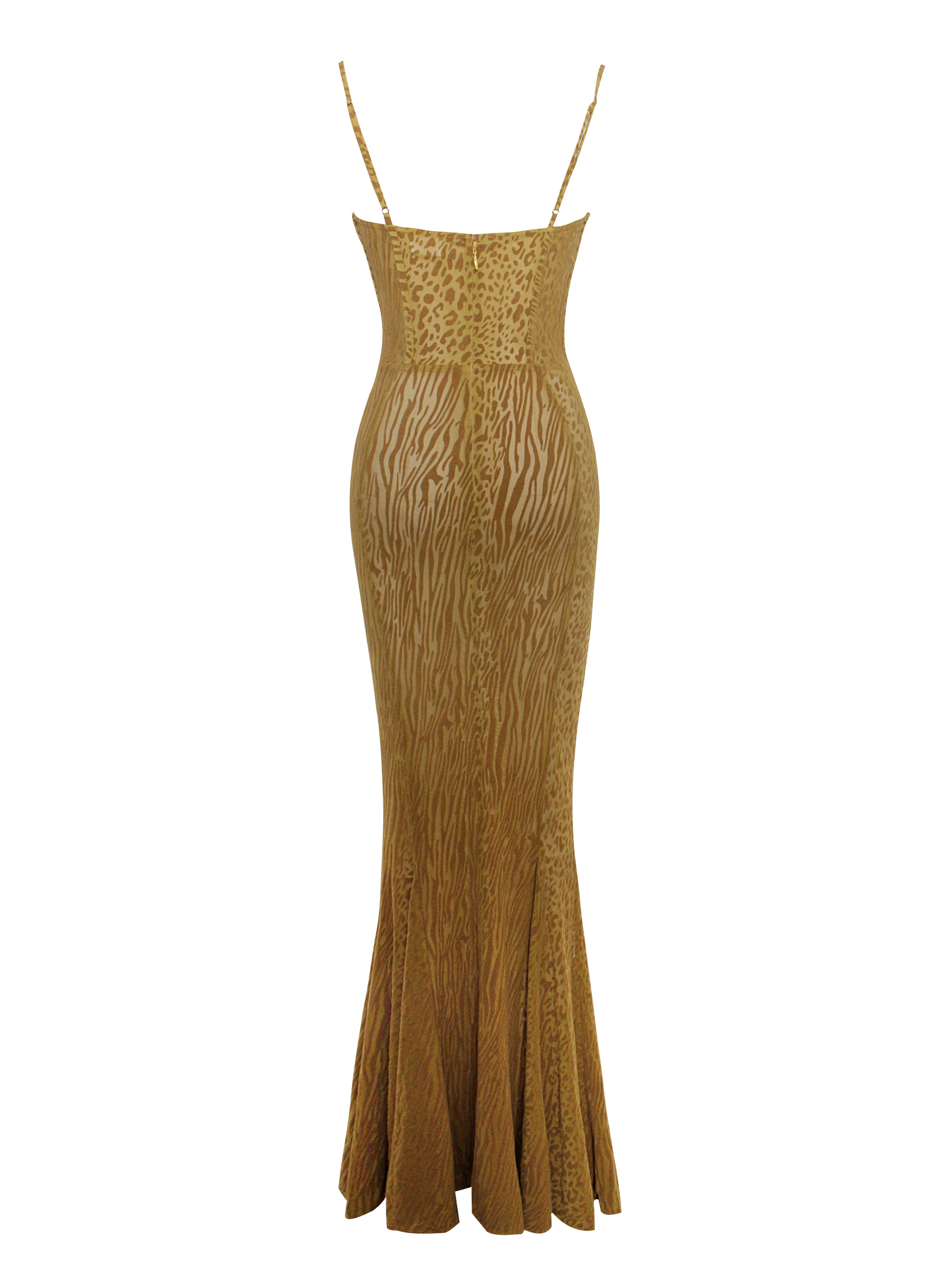 Ulani Gold Burnout Velvet Detail Mesh Maxi Dress