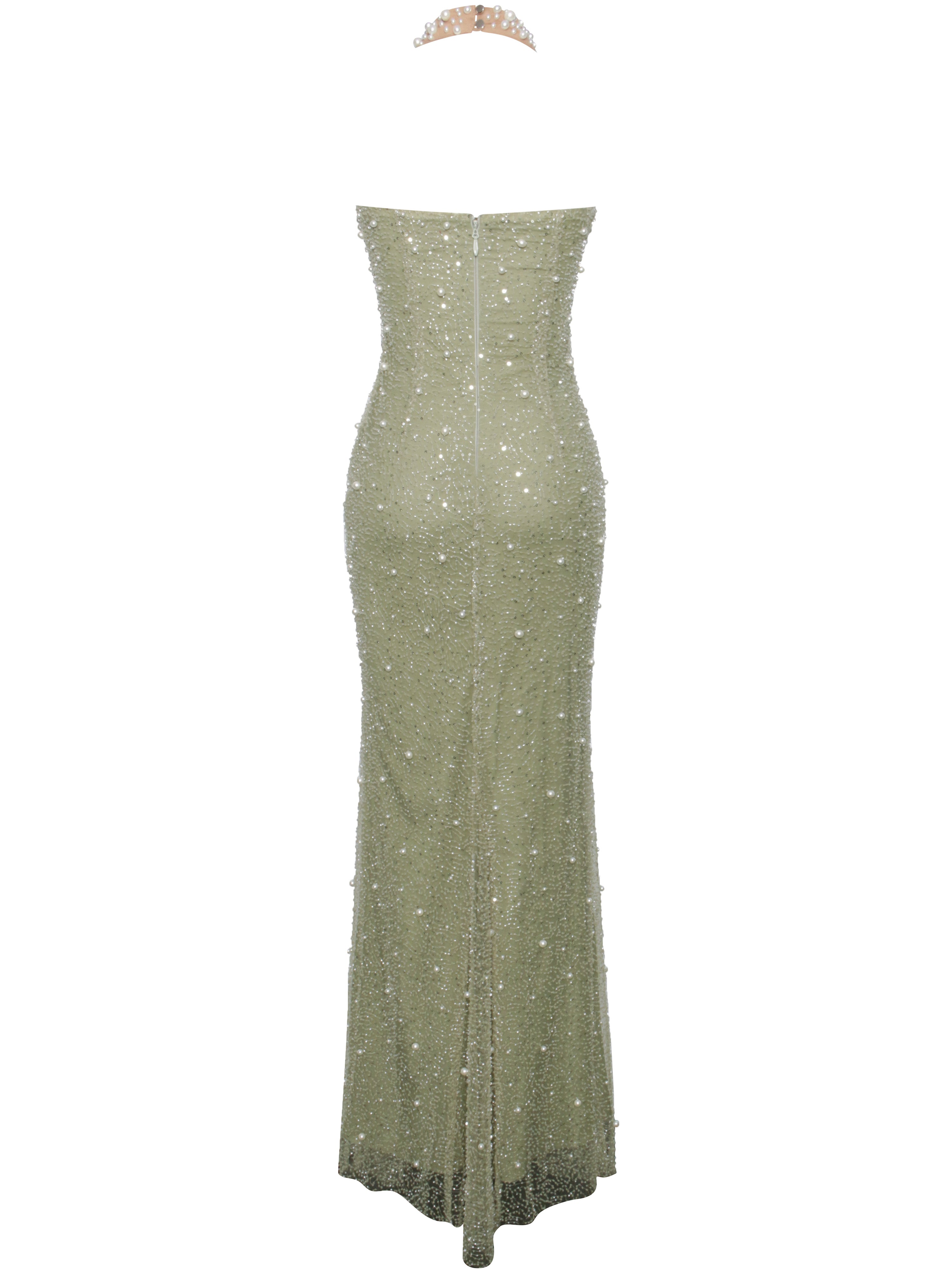 Ginny Pear Green Pearl Embellished Backless Gown