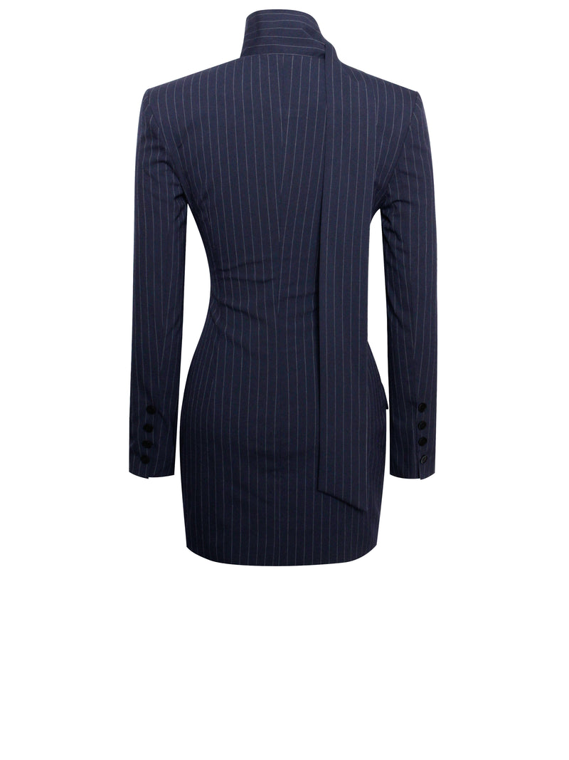 Tahlia Deep V Pinstripes Navy Blue Blazer Dress with scarf collar