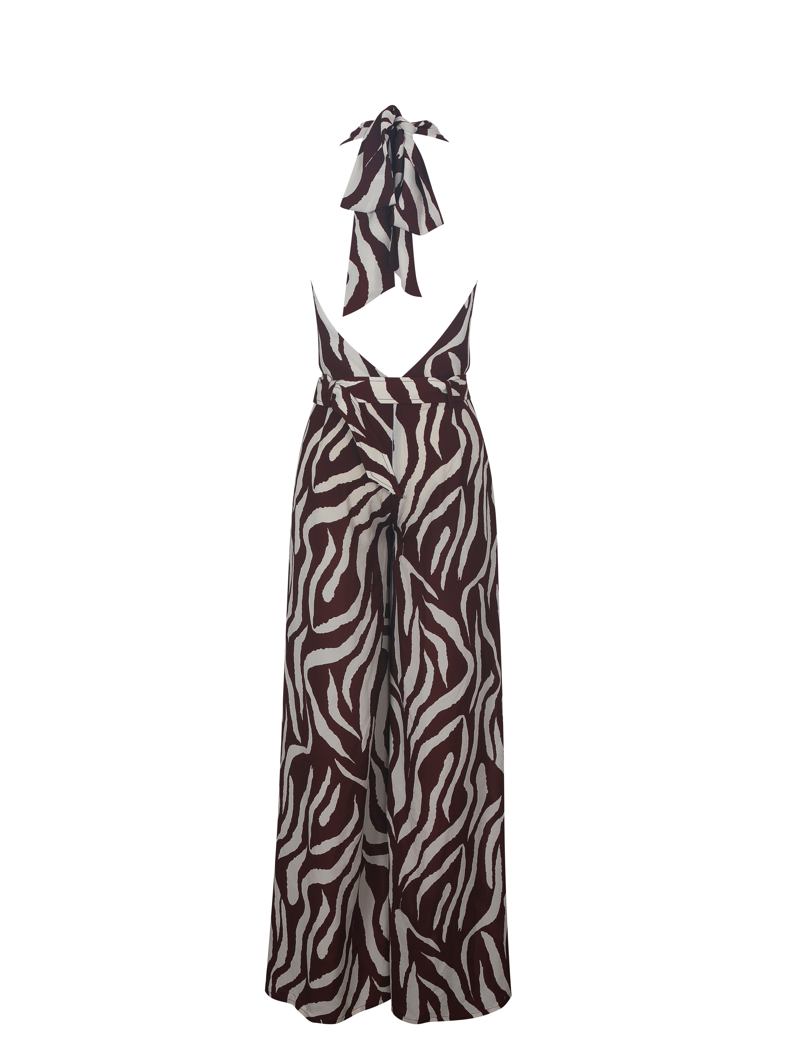 Ashlyn Burgundy & Beige Abstract Zebra Print Belted Halter Jumpsuit