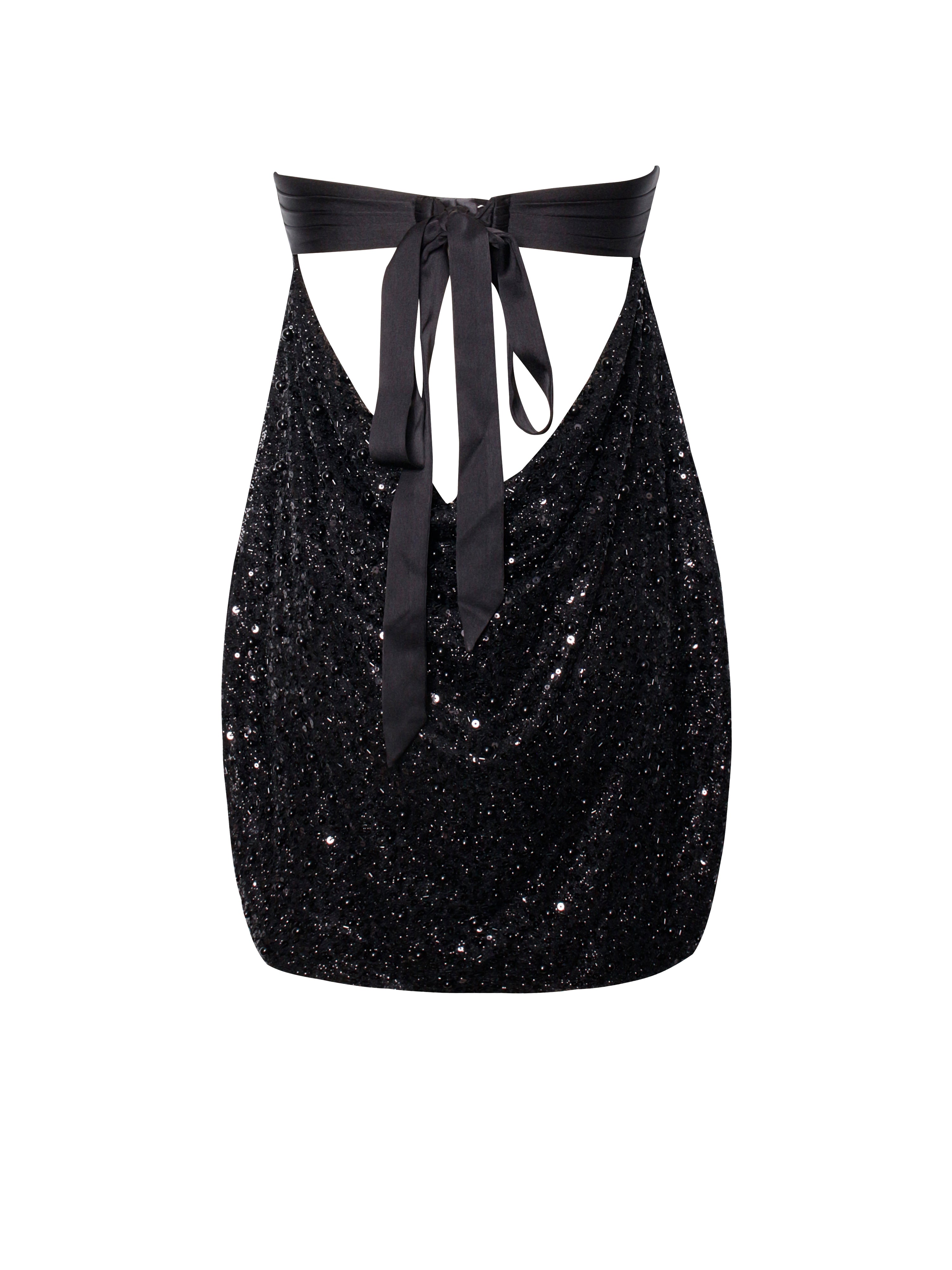 Felina Black Satin Sequin Pearls Beaded Mini Dress (Archive Sale) Felina Black Satin Sequin Pearls Beaded Mini Dress (Archive Sale)