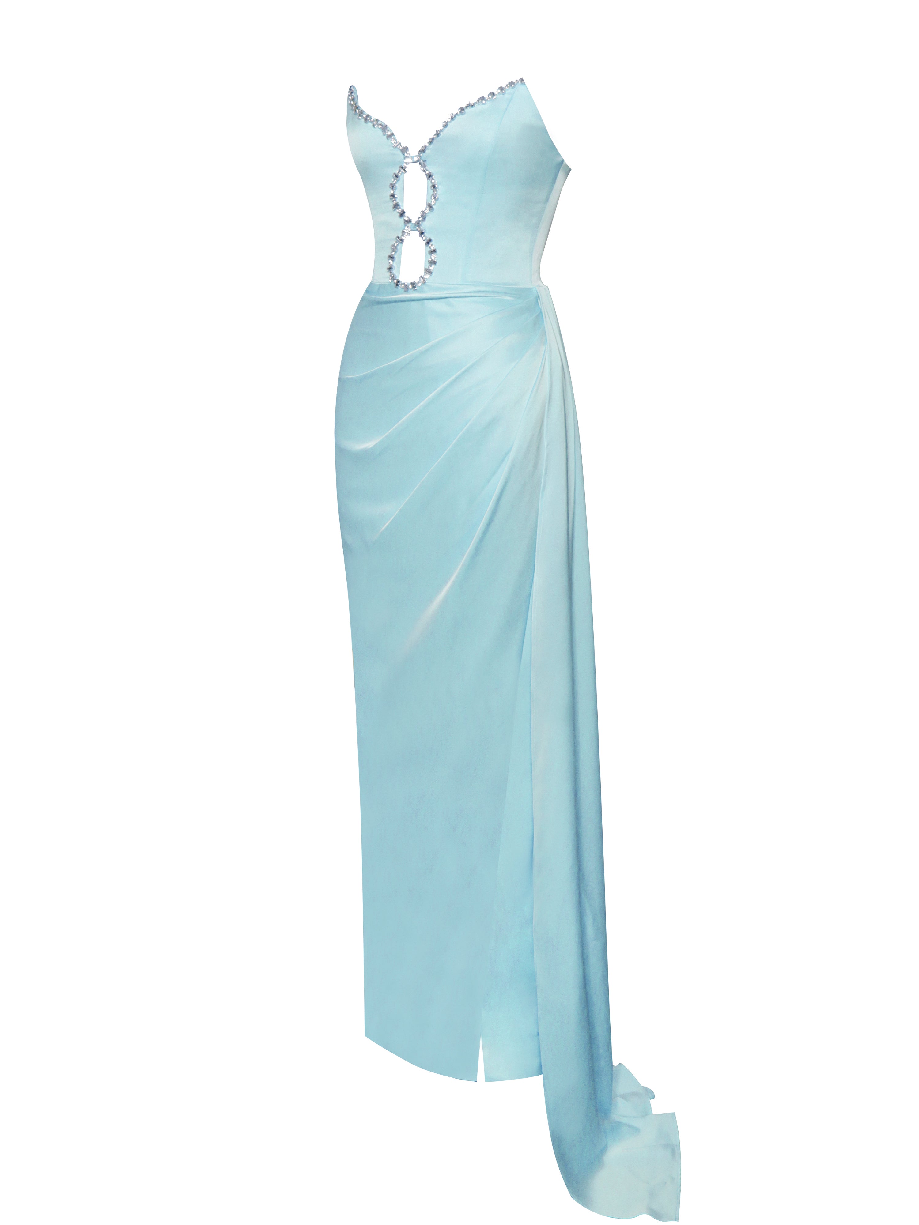 Marilyn Pale Blue Satin Crystal Embellished High Slit Gown