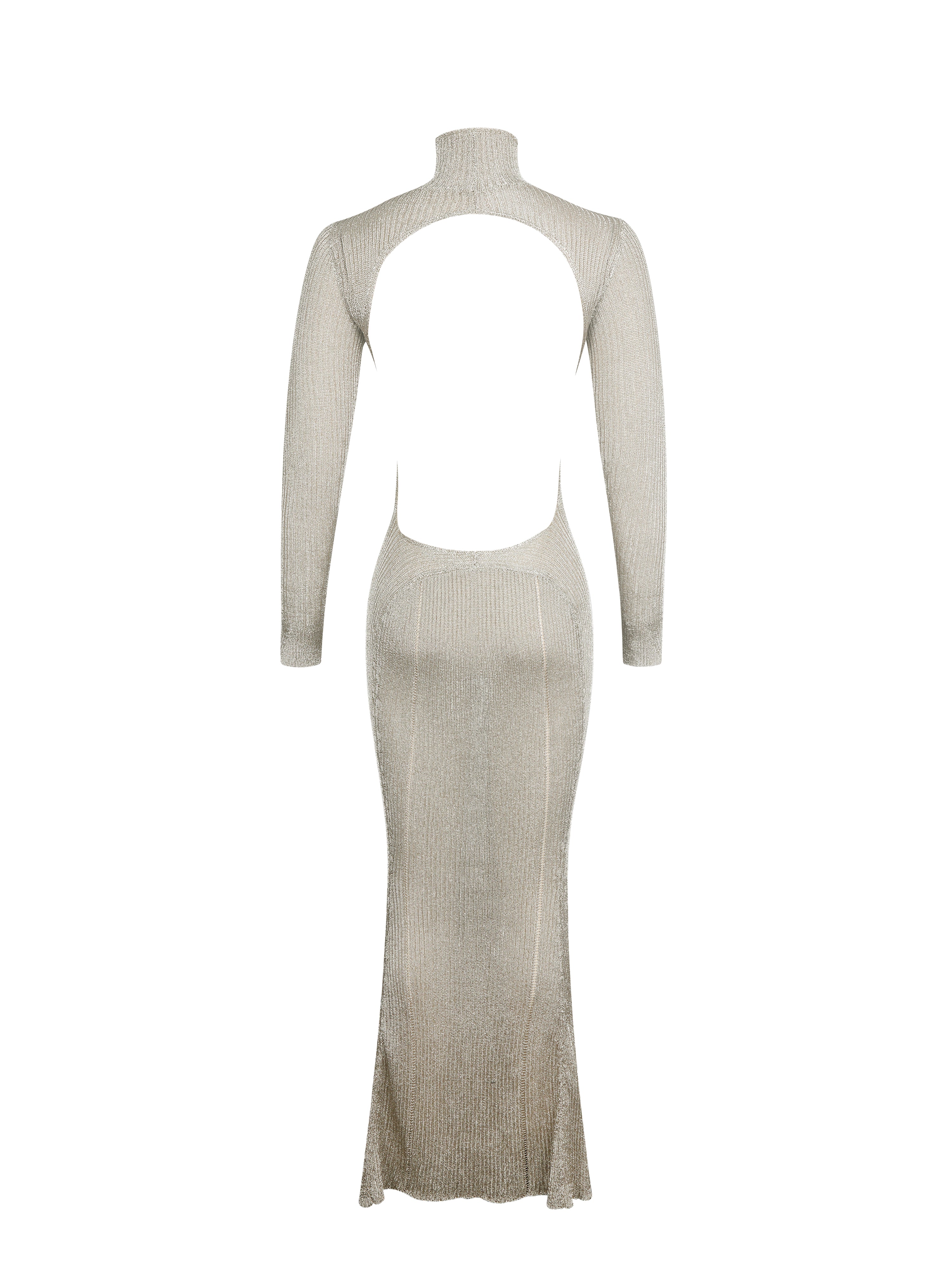 Shay Gold Stretch Knit Backless Long Sleeve Maxi Dress