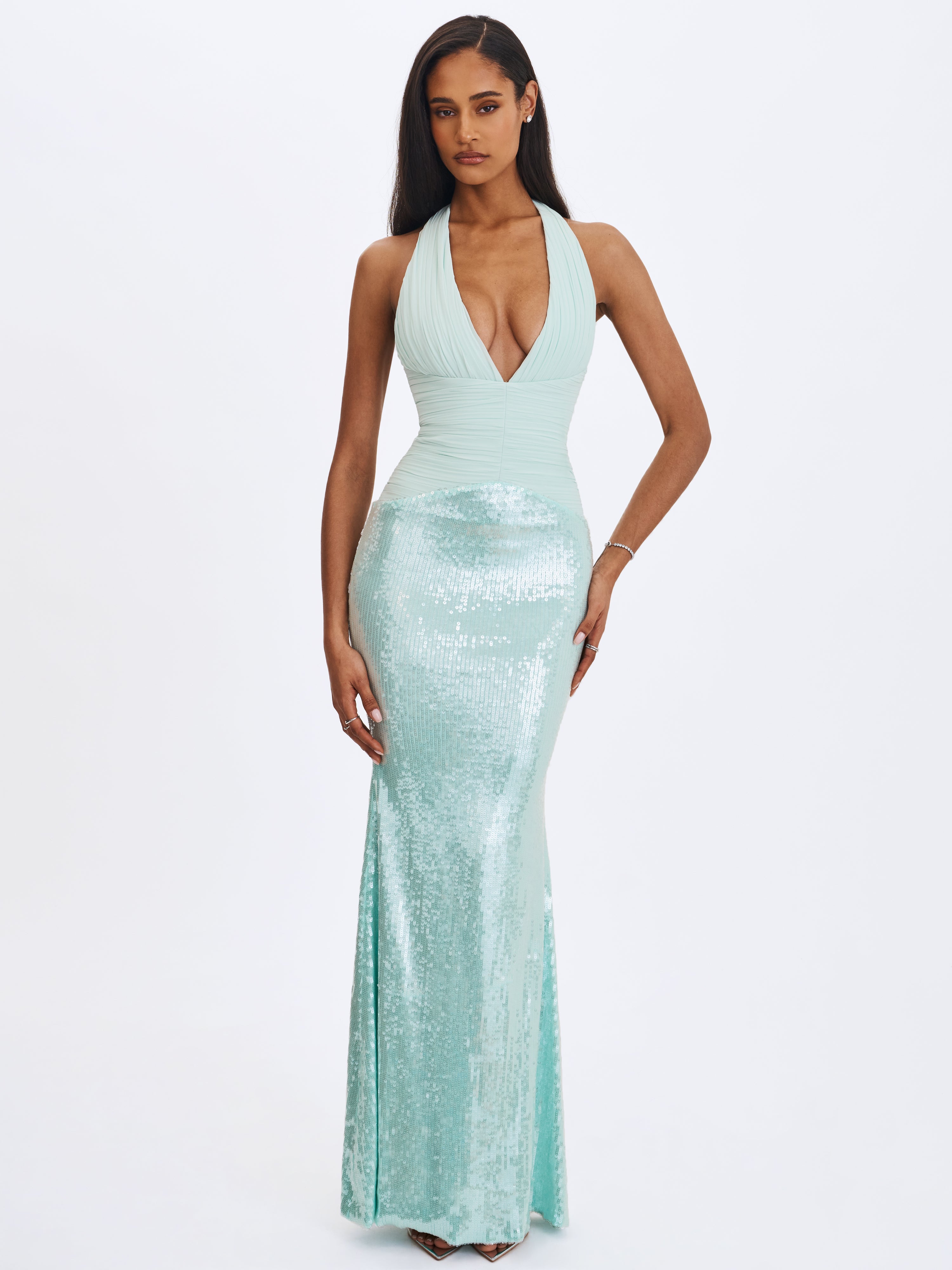 Wendale Mint Sequin Plunging Mermaid Maxi Dress