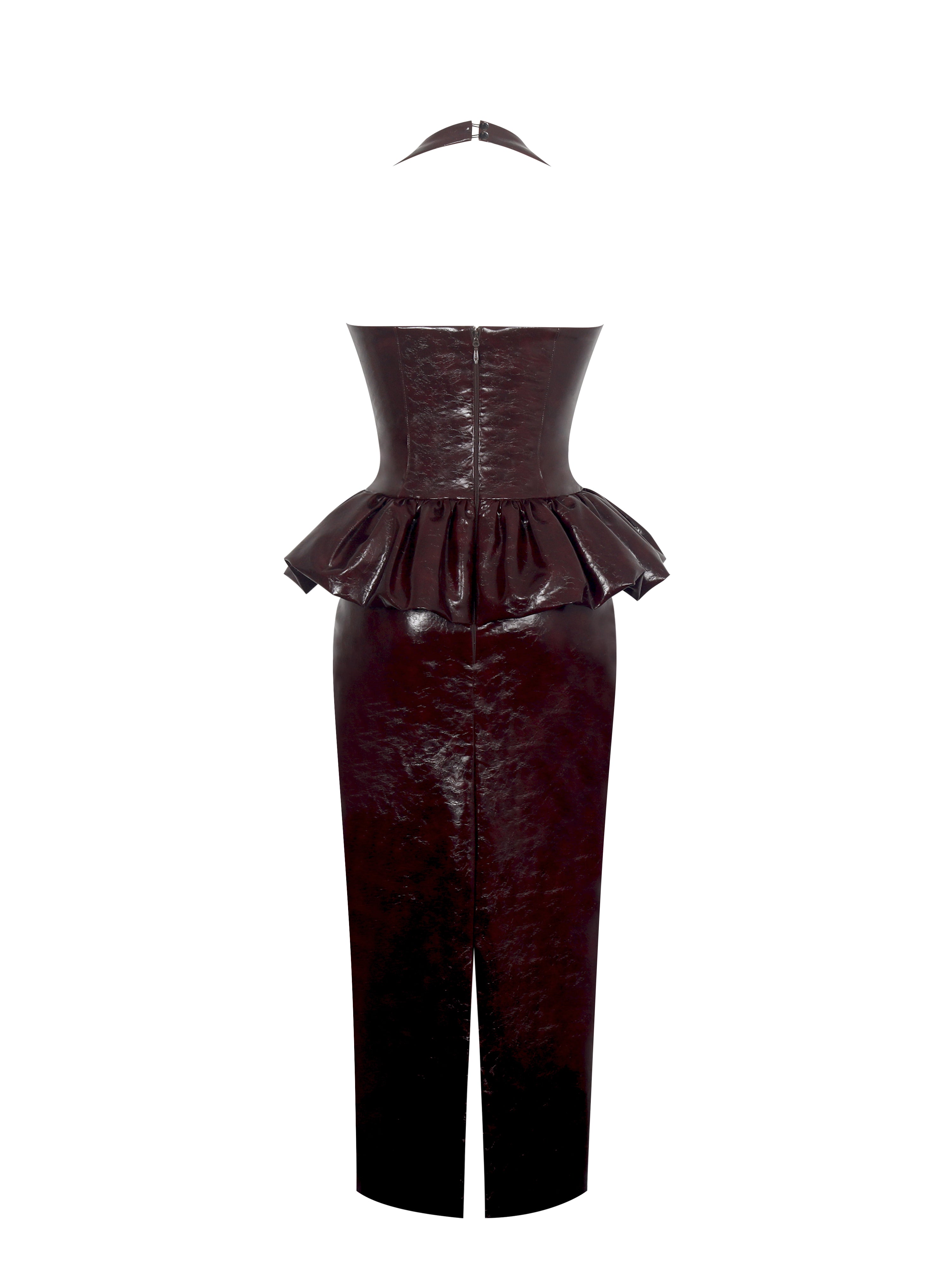 Jaslene Mahogany Ruched Peplum Plunge Halter Midi Dress