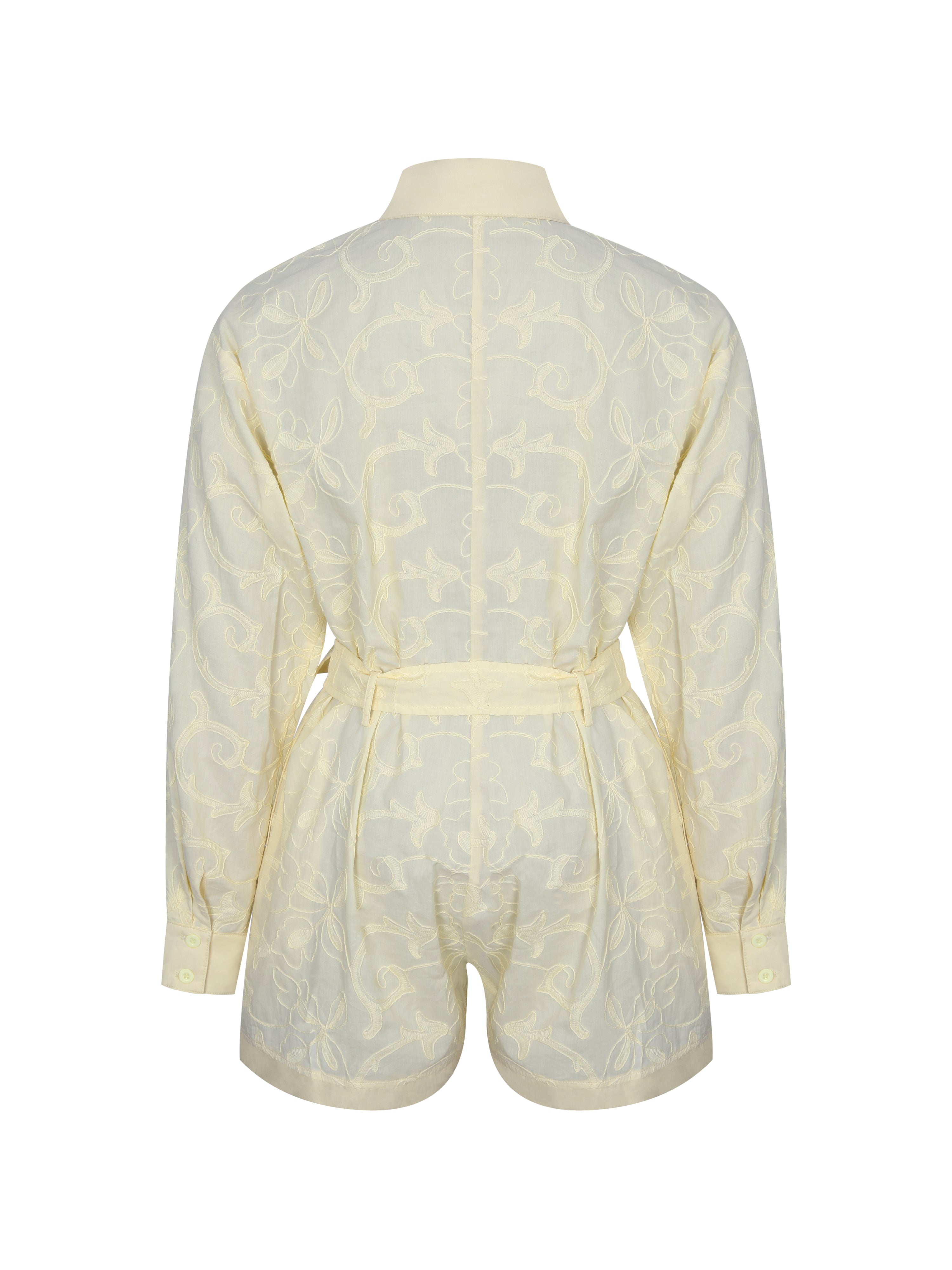 Malou Lemon Yellow Embroidered Poplin Belted Shirt Romper