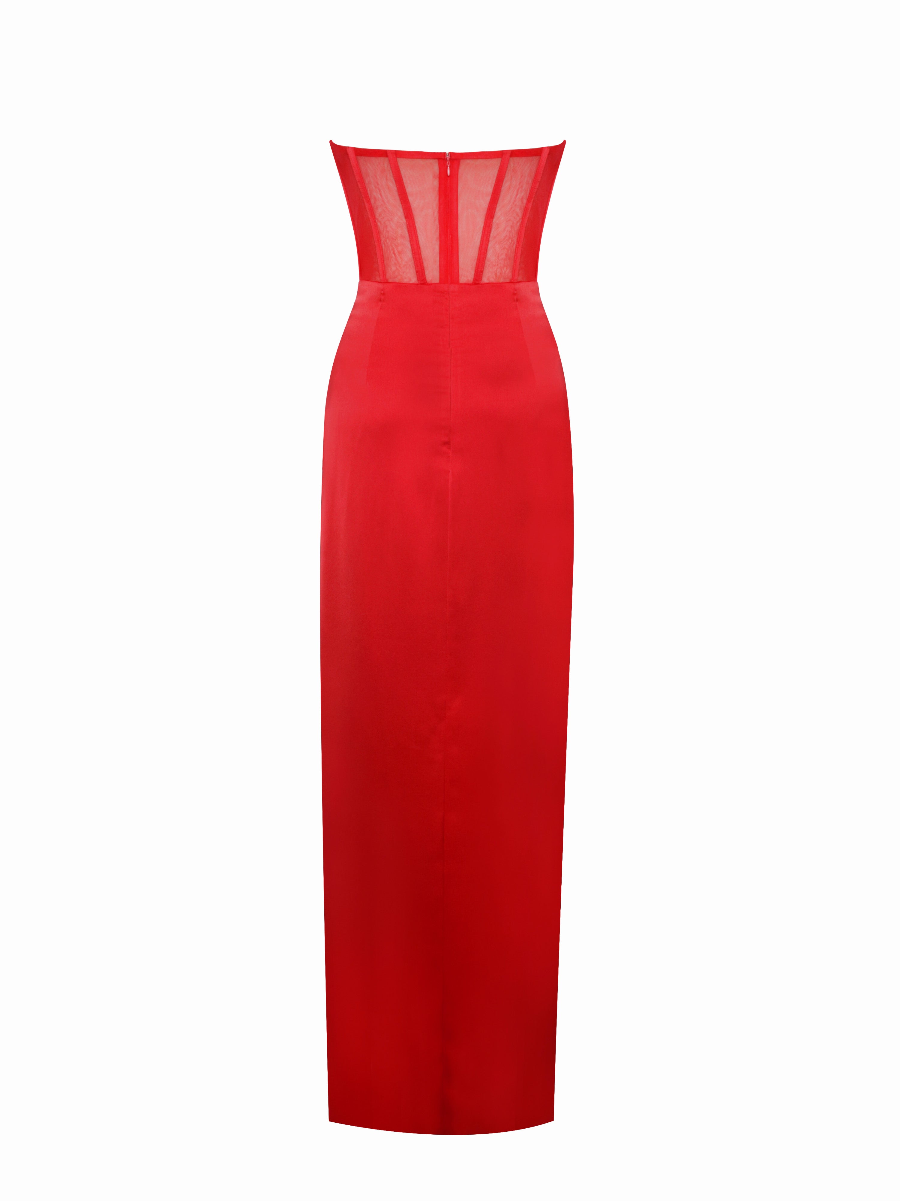 Talia Red Satin Lace Corset Maxi Dress