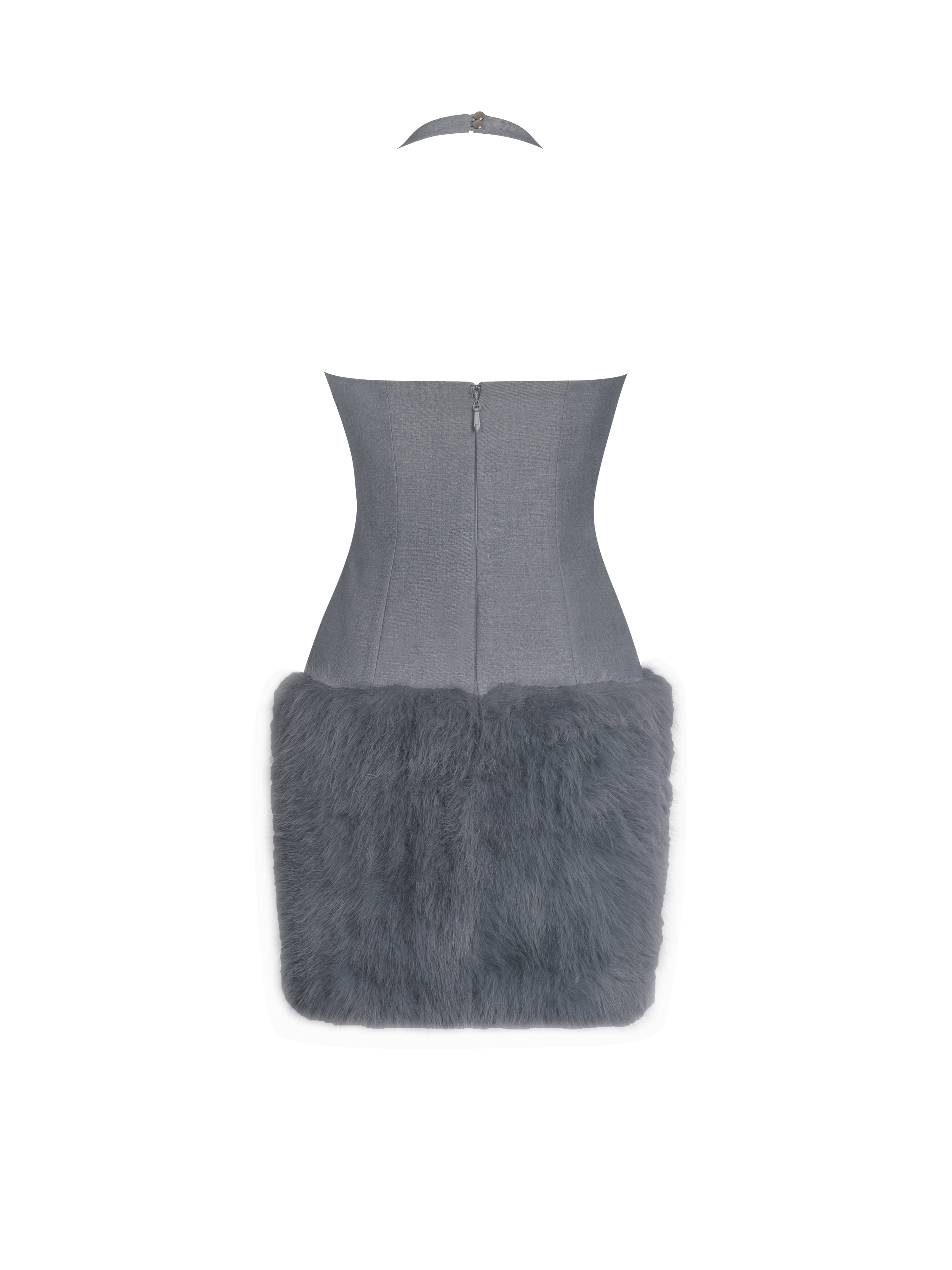 Daisy Grey Drop Waist Fur Trim Halter Mini Dress
