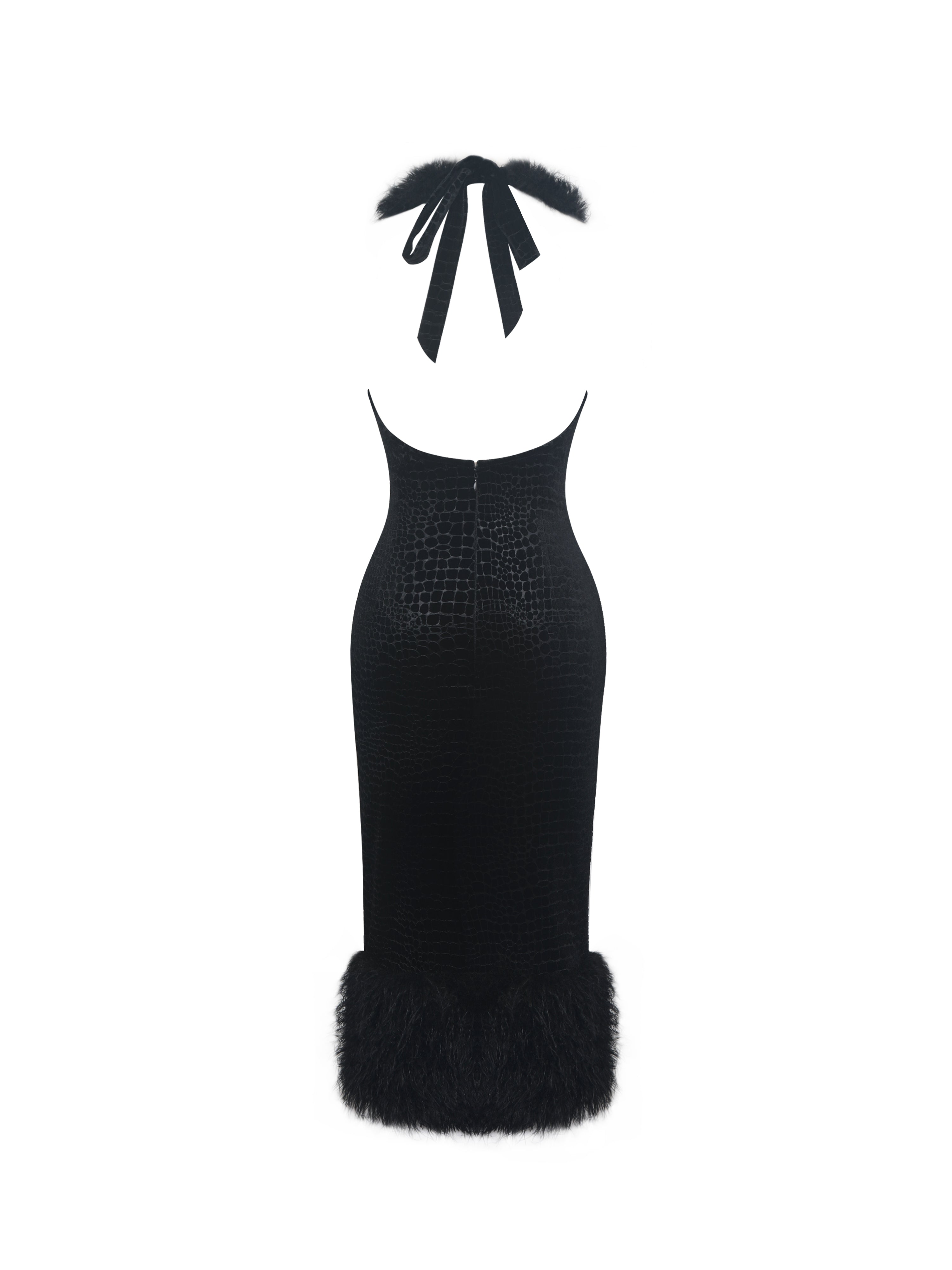 Onalee Black Croc-Embossed Velvet Fur Midi Dress