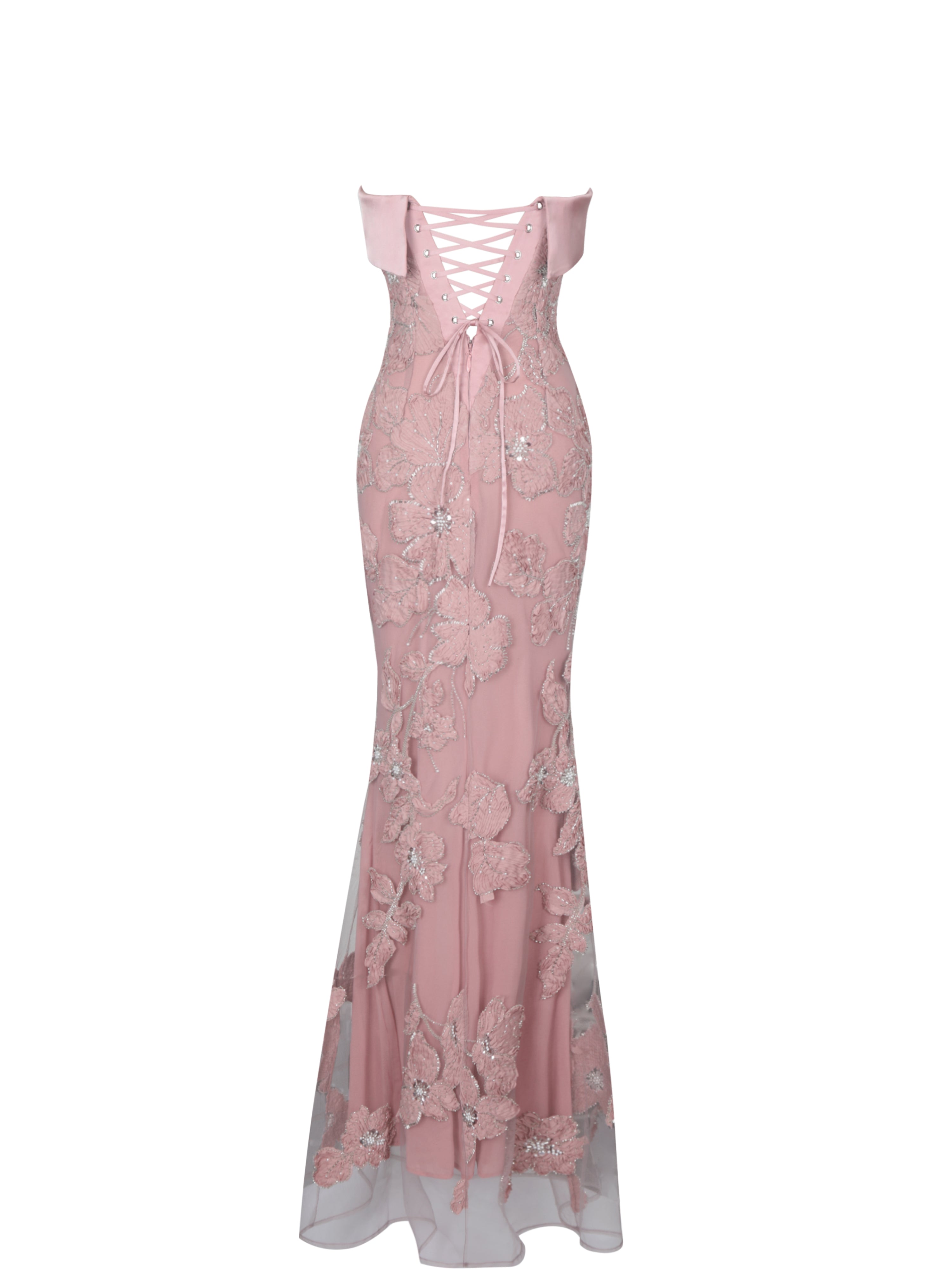Raphaela Dusty Pink Beaded Floral Strapless Mermaid Maxi Dress