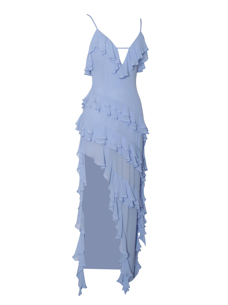 Theodora Cornflower Blue Rayon Ruffle Maxi Dress