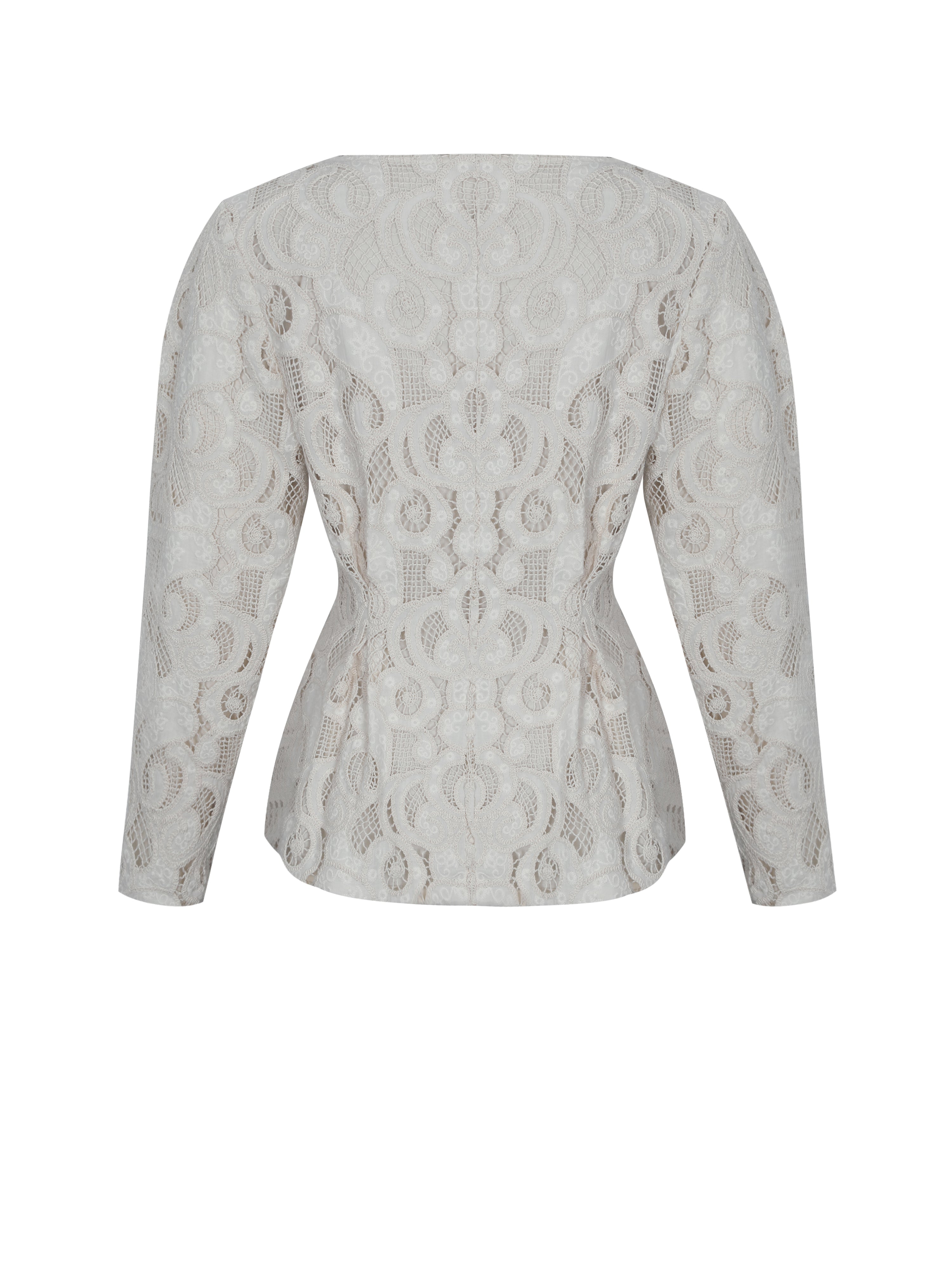 Wenley Beige Cotton Lace Puff Sleeve Cinched Top
