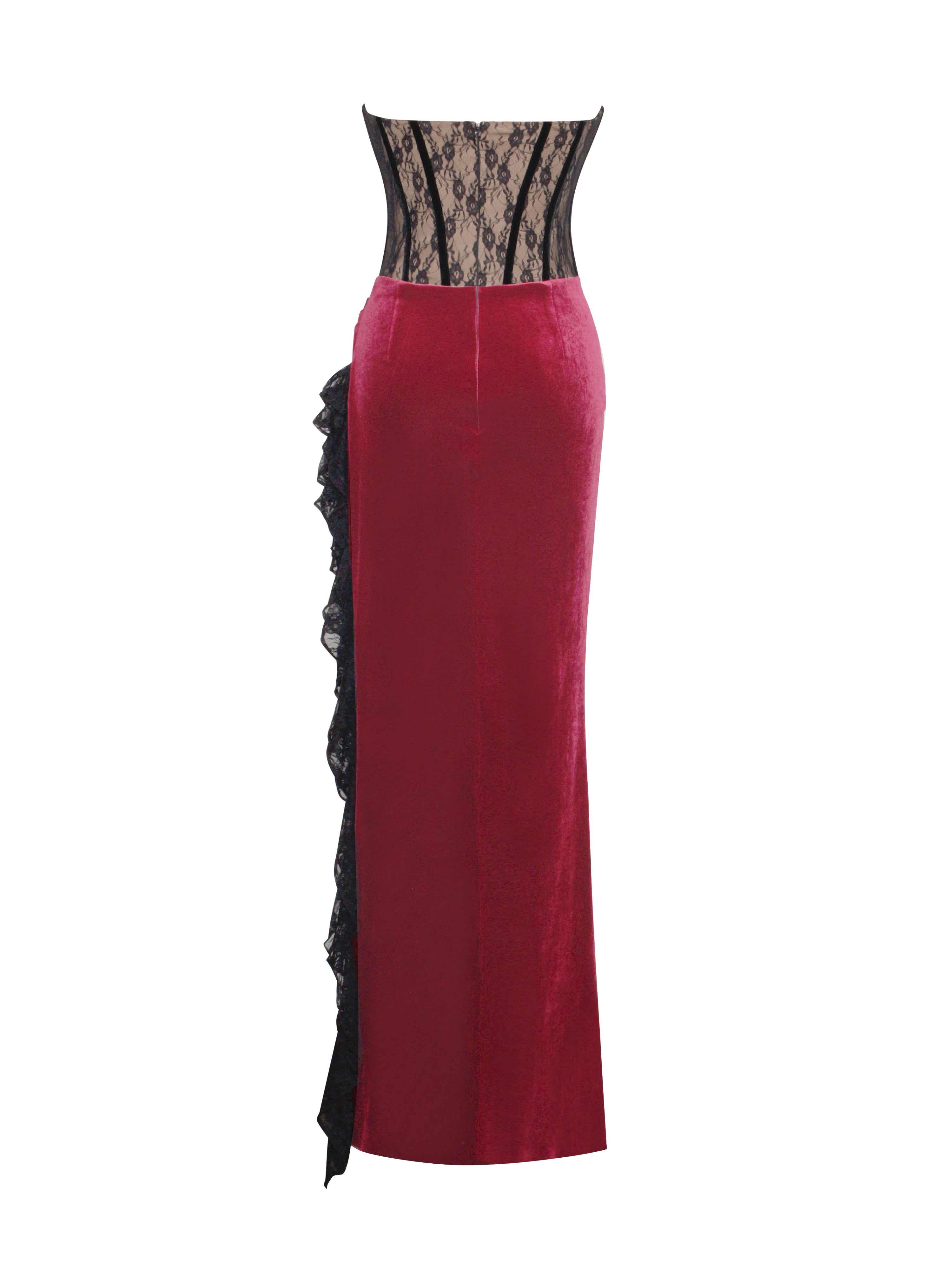 Gaia Burgundy Lace Velvet Corset Side Slit Dress