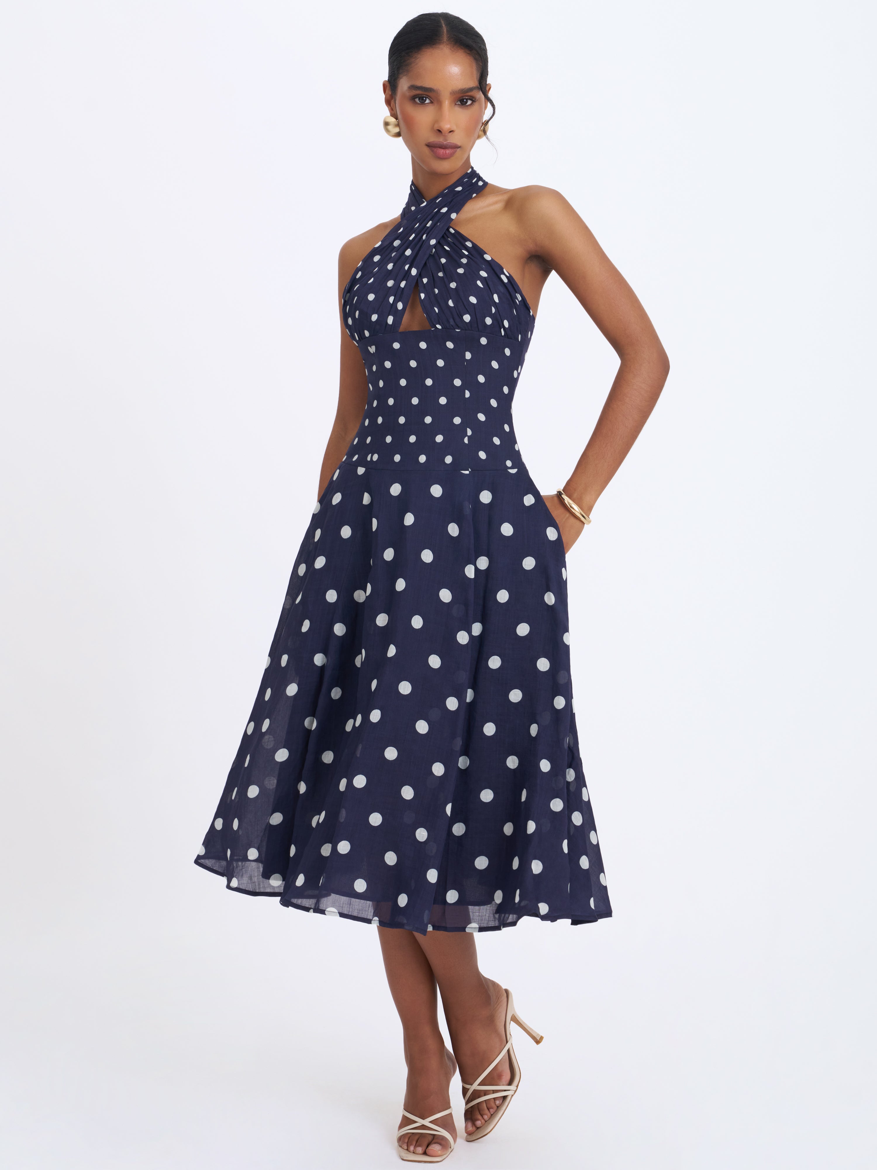 Nuri Navy Polka Dot Ramie Crossover Halter A-Line Midi Dress