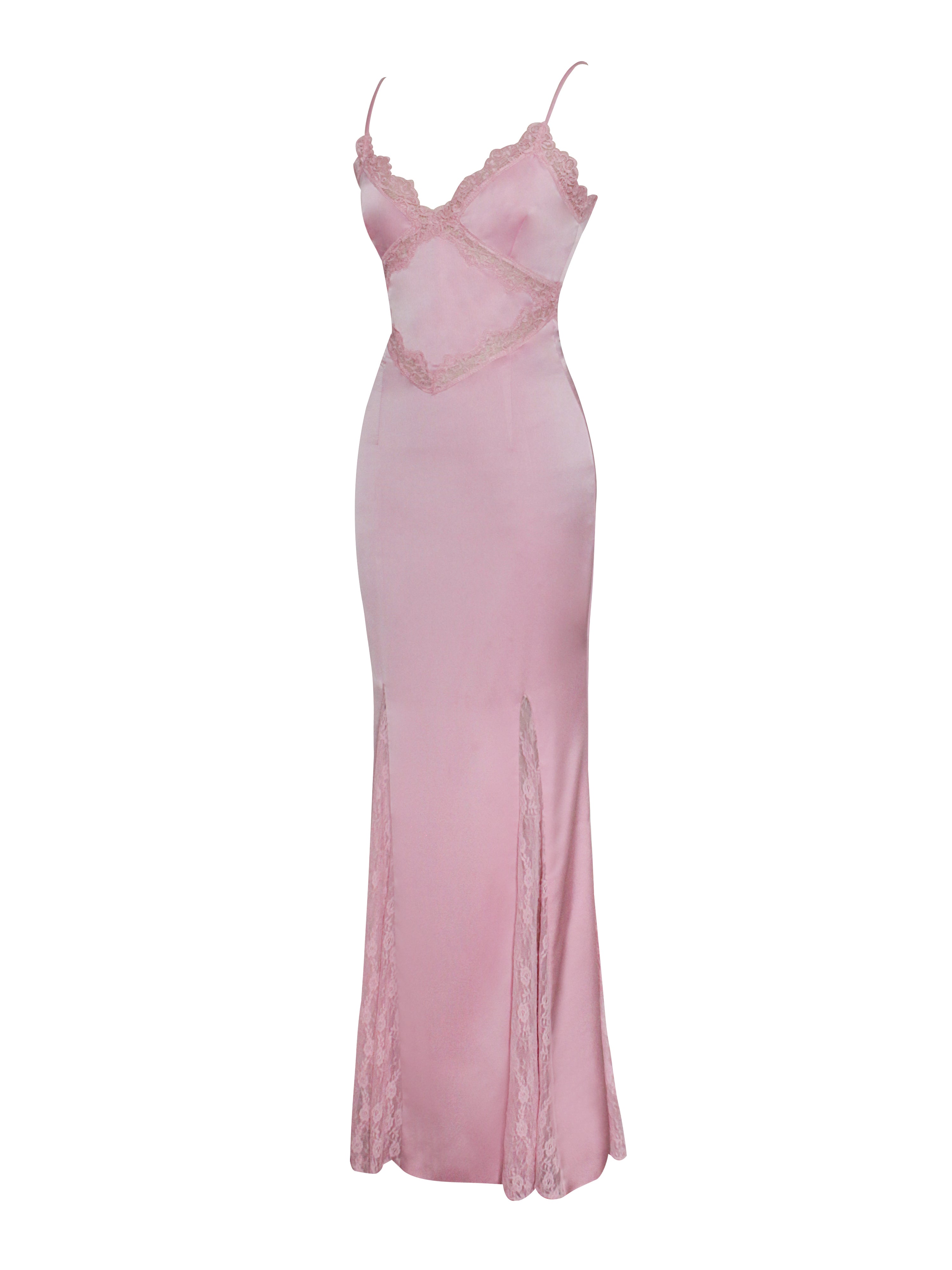 Xandria Pink Lace Satin Mermaid Flare Maxi Dress