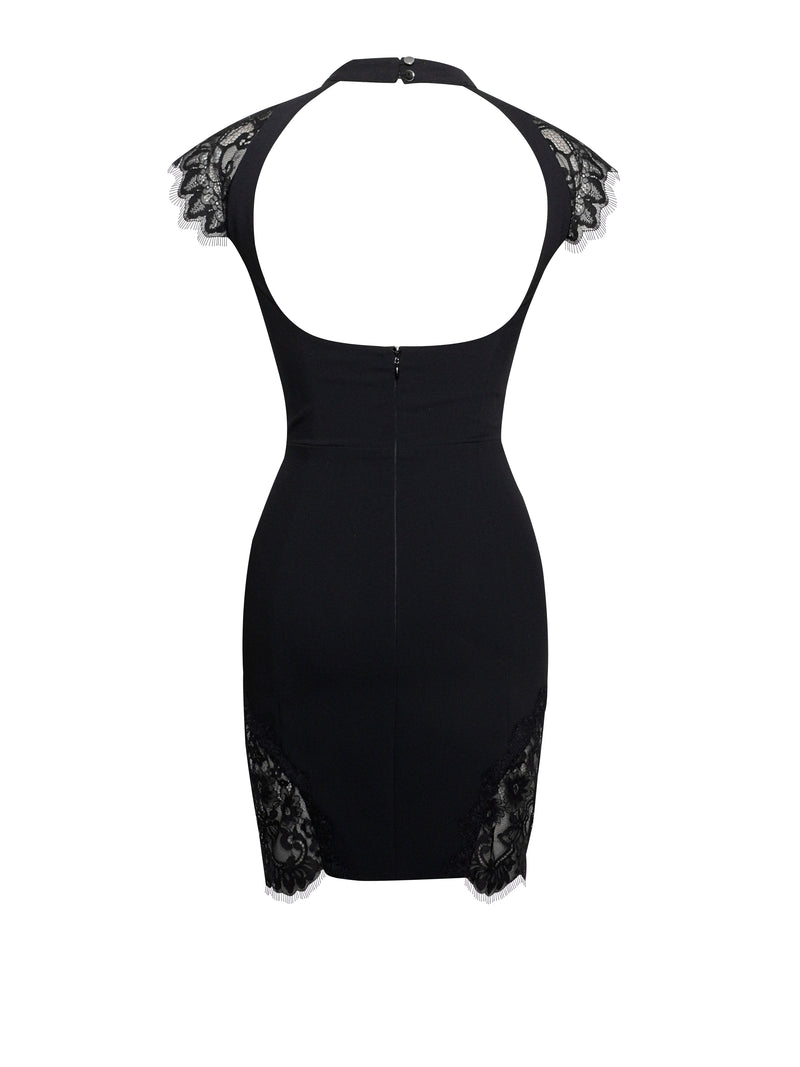 Quinella Black Lace Crepe Backless Mini Dress