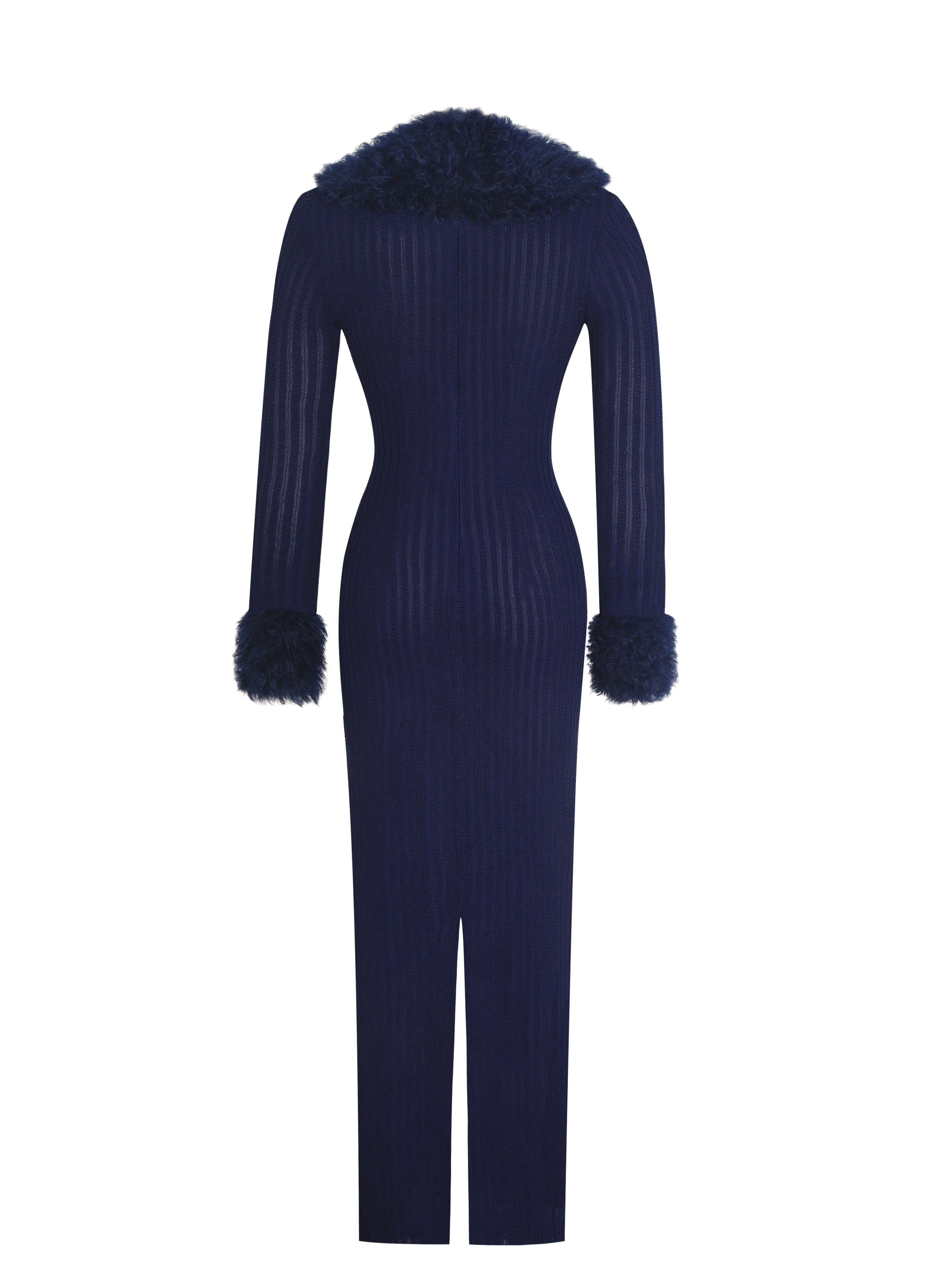 Romina Navy Plunging Fur Trimmed Crochet Maxi Dress