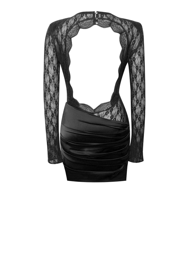 Quirina Black Lace Satin Long Sleeve Dress