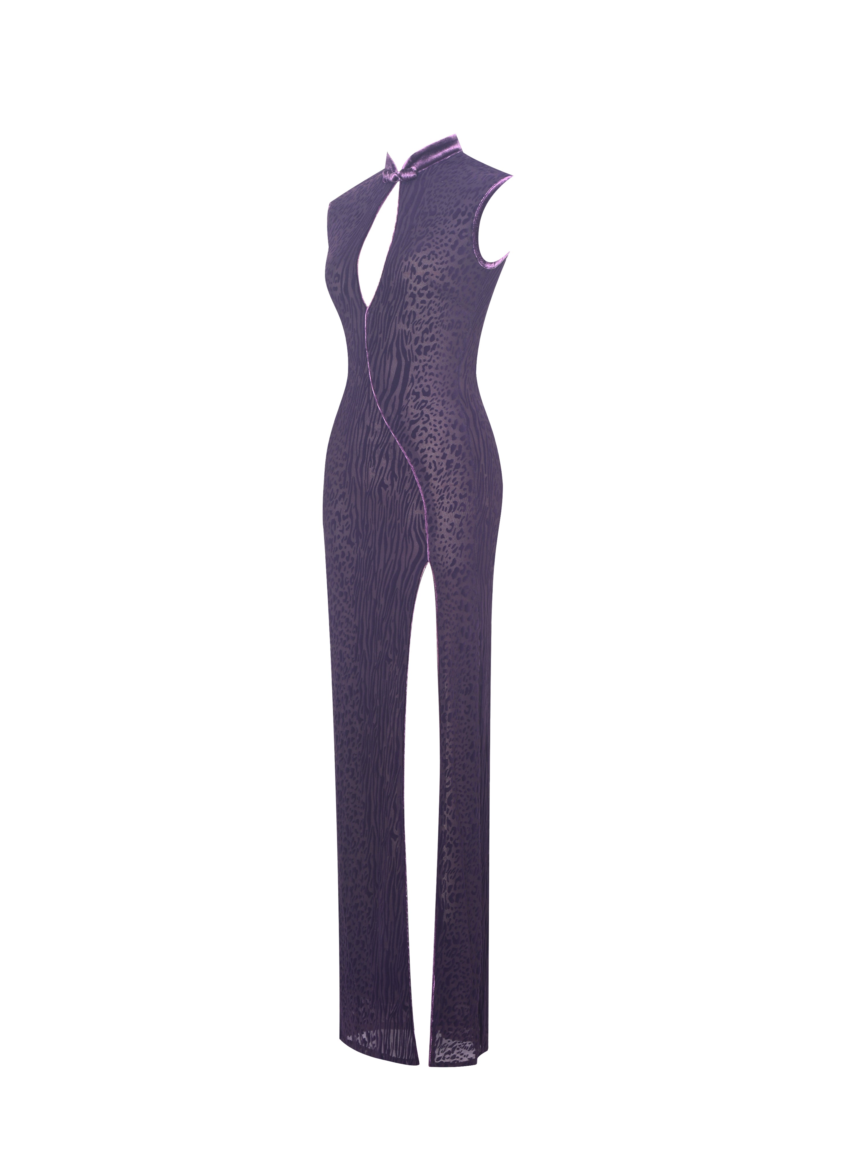 Riona Violet Burnout Velvet Mesh Keyhole Maxi Dress