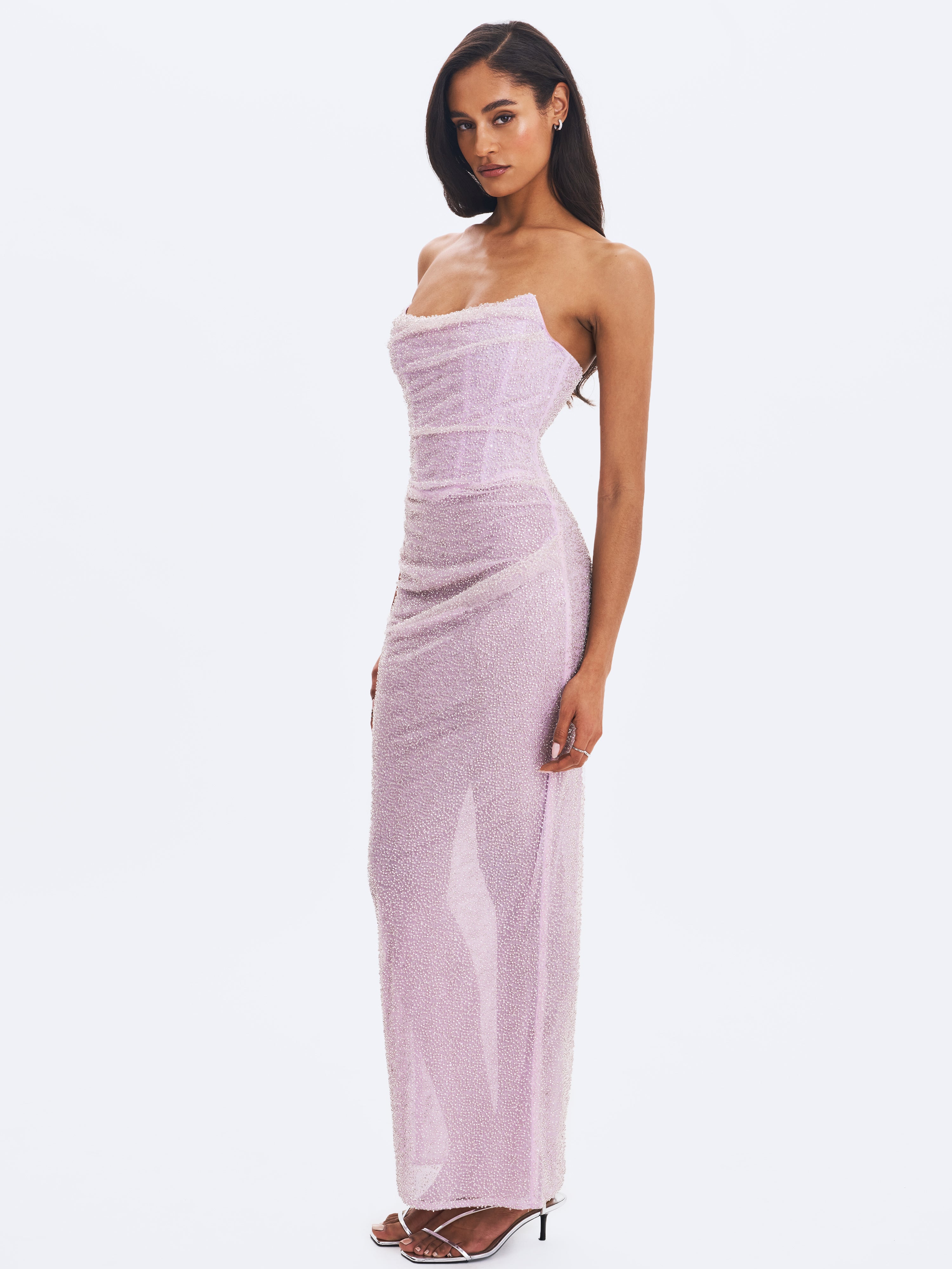 Raylee Lilac Beaded Mesh Strapless Sheath Maxi Dress