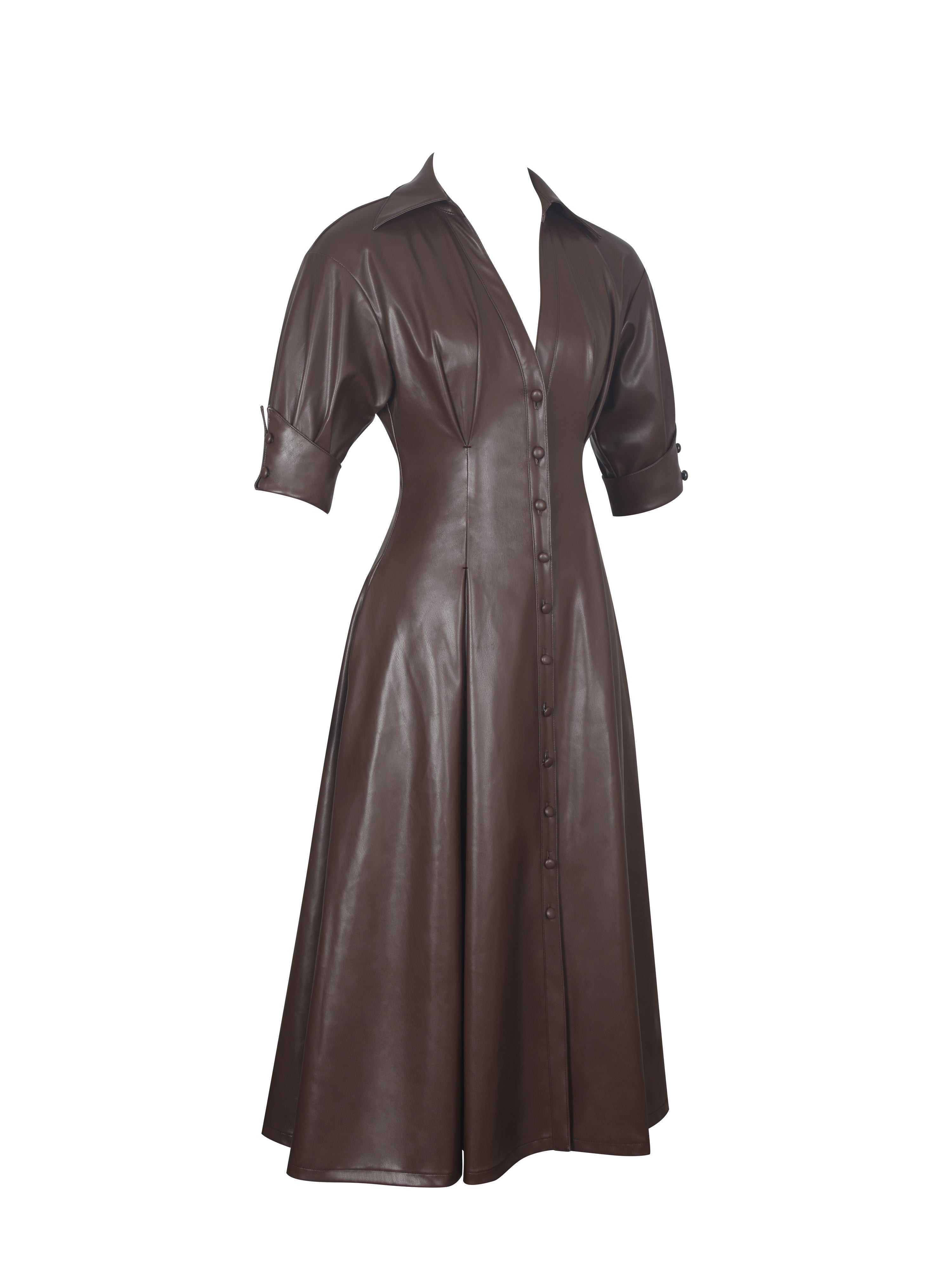 Vilda Espresso Brown Faux Leather Pleated Midi Dress