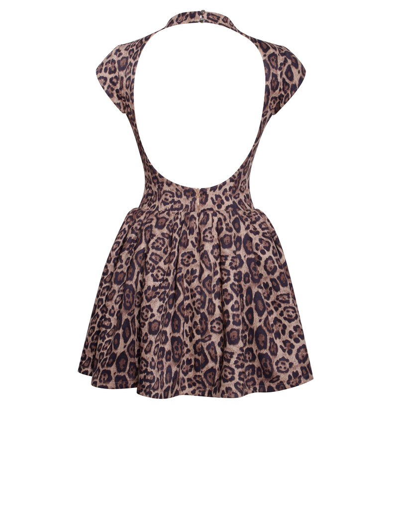 Jacqueline Backless Cheetah Print Mini Puffy Dress