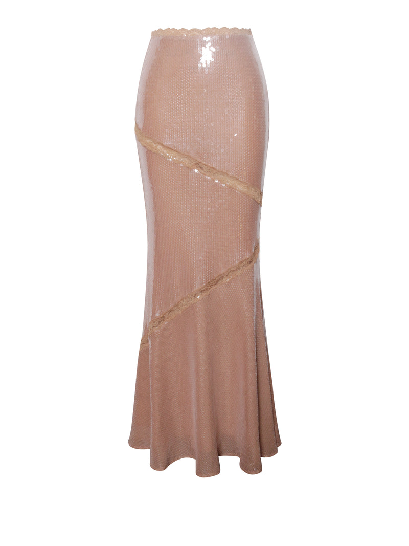 Odalis Nude Sequin Maxi Skirt With Lace Trim