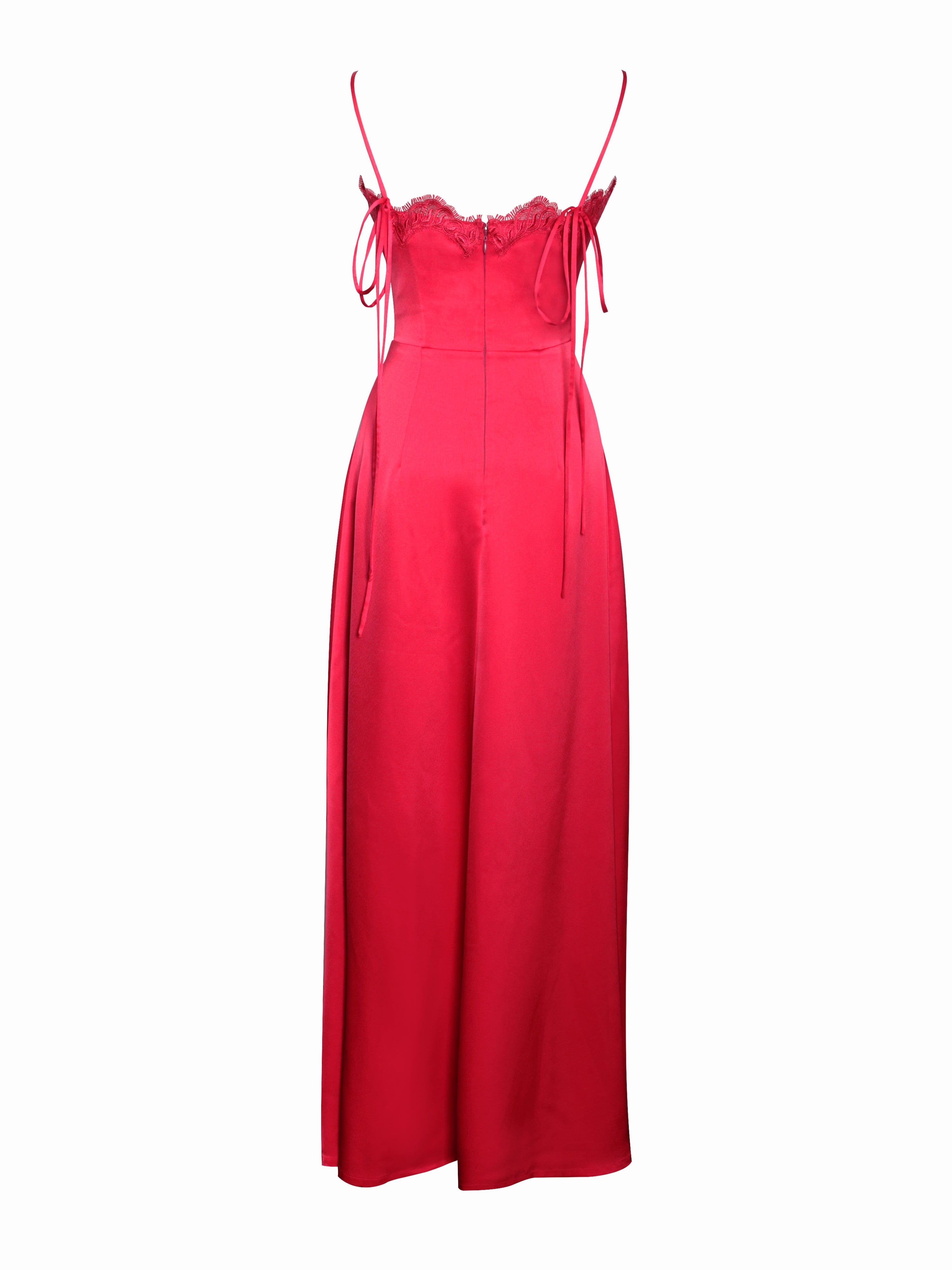 Rabia Red Lace Up High Slit Satin Dress