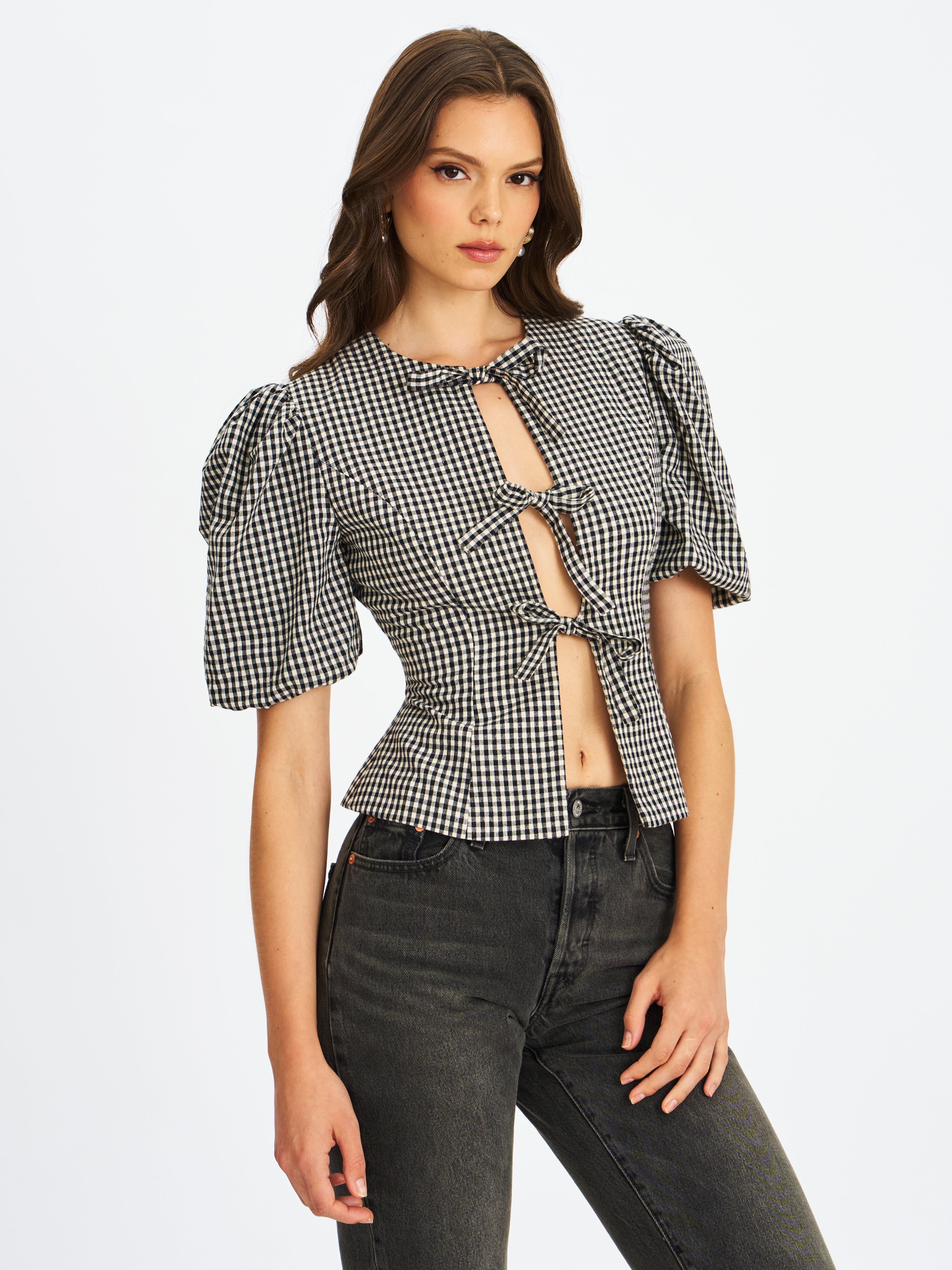 Qusayla Black Gingham Bubble Sleeve Bowtie Top