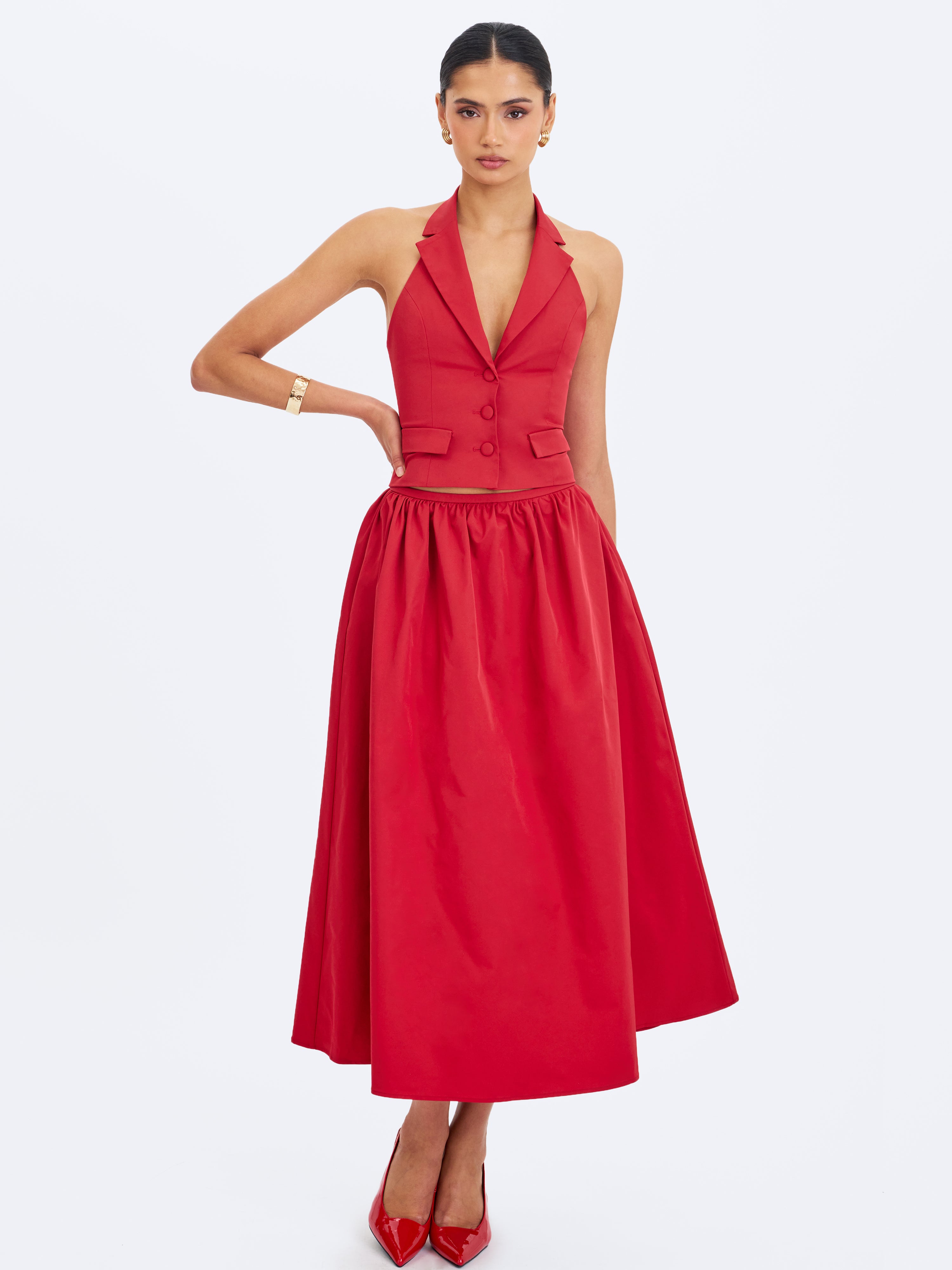 Ursella Crimson Halter Single-Breasted Lapel Top