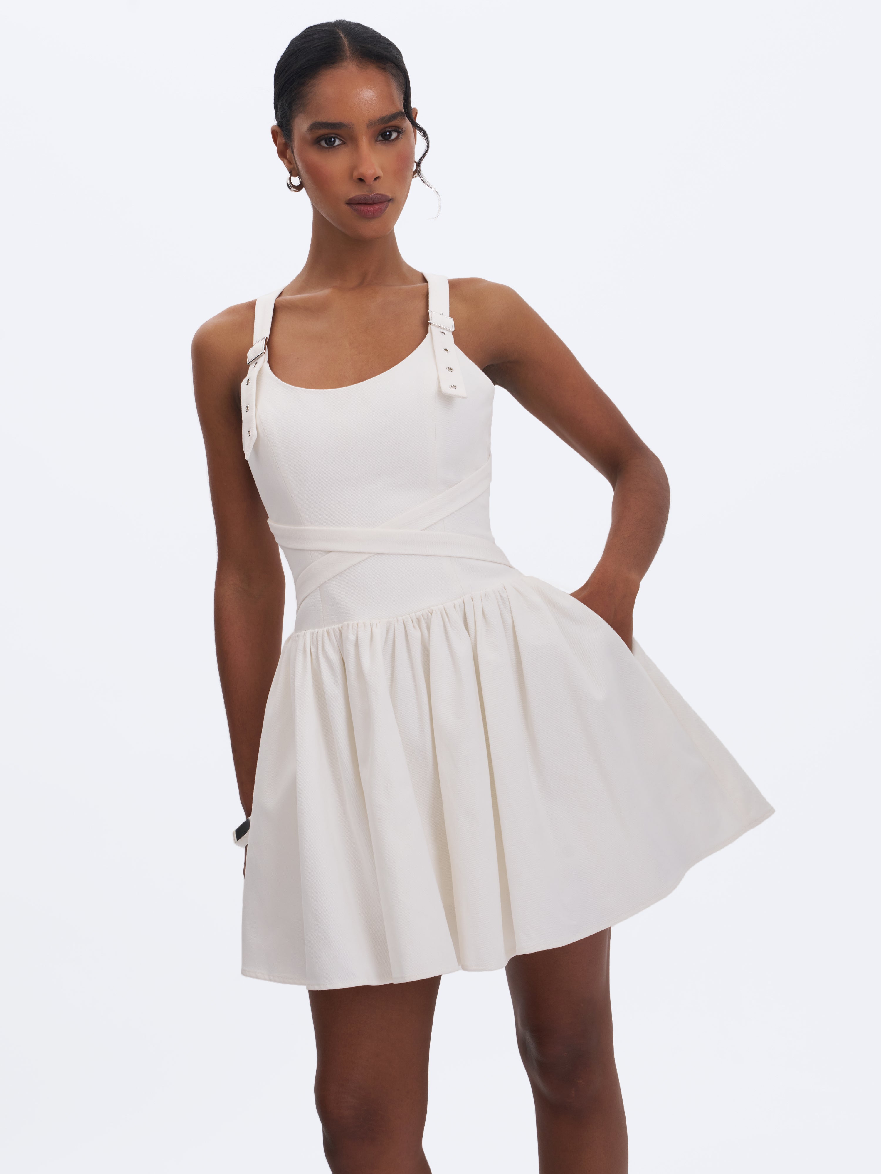 Francine White Cotton Denim Crossover Strap Mini Dress