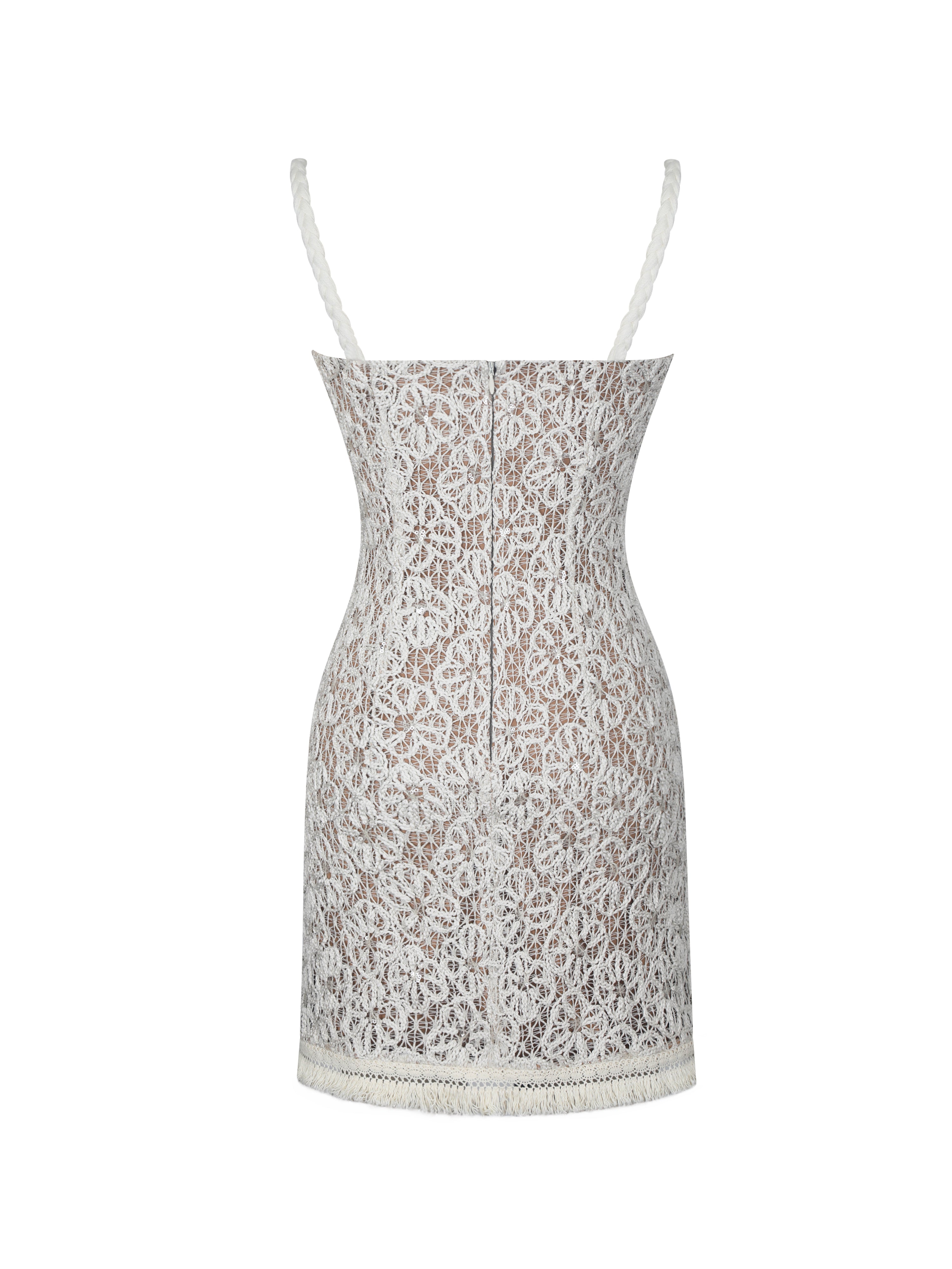 Taliyah Cream Braided-Strap Chunky Lace Mini Dress