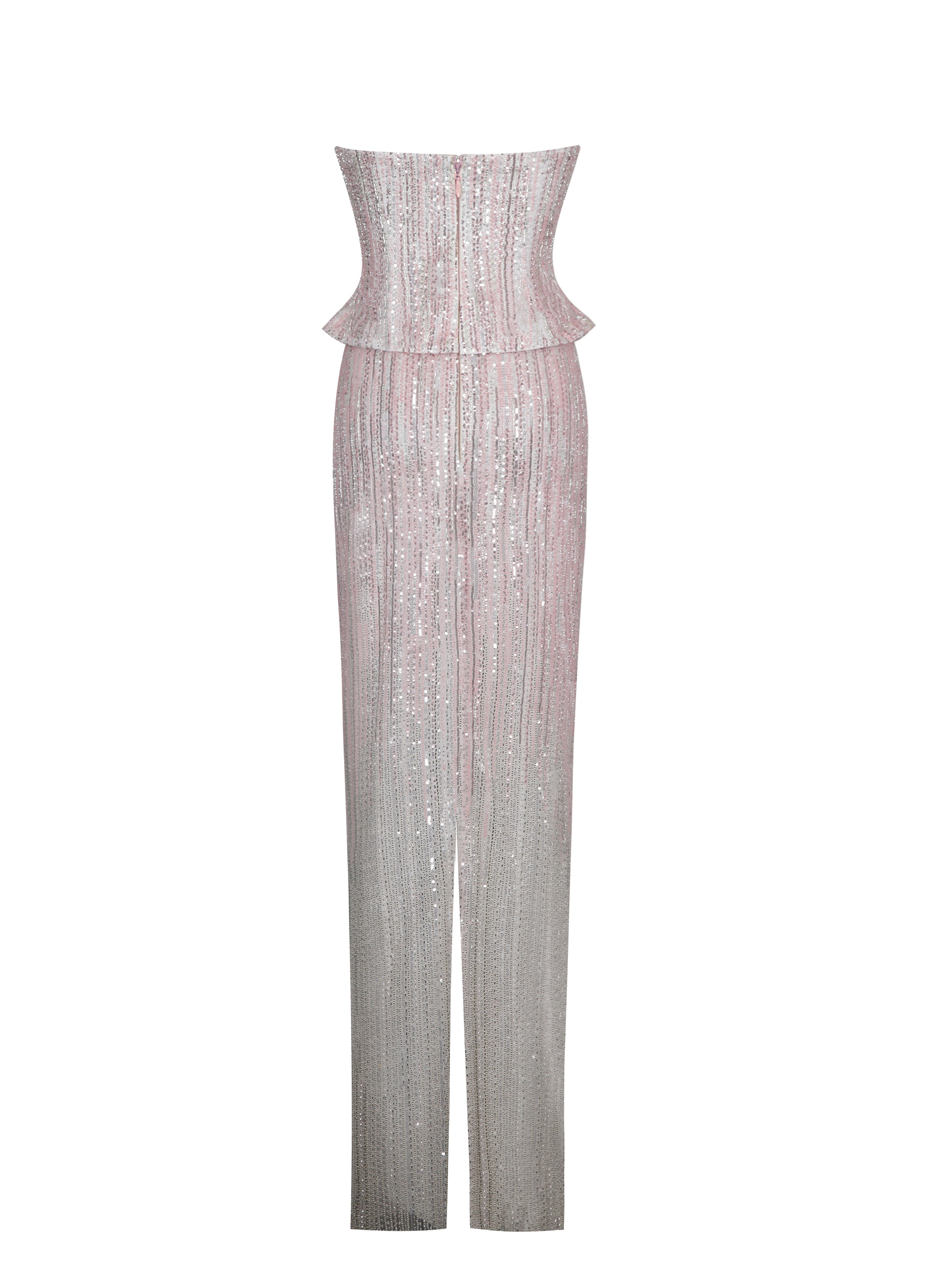 Tosca Beaded Blush Gradient Strapless Peplum Maxi Dress