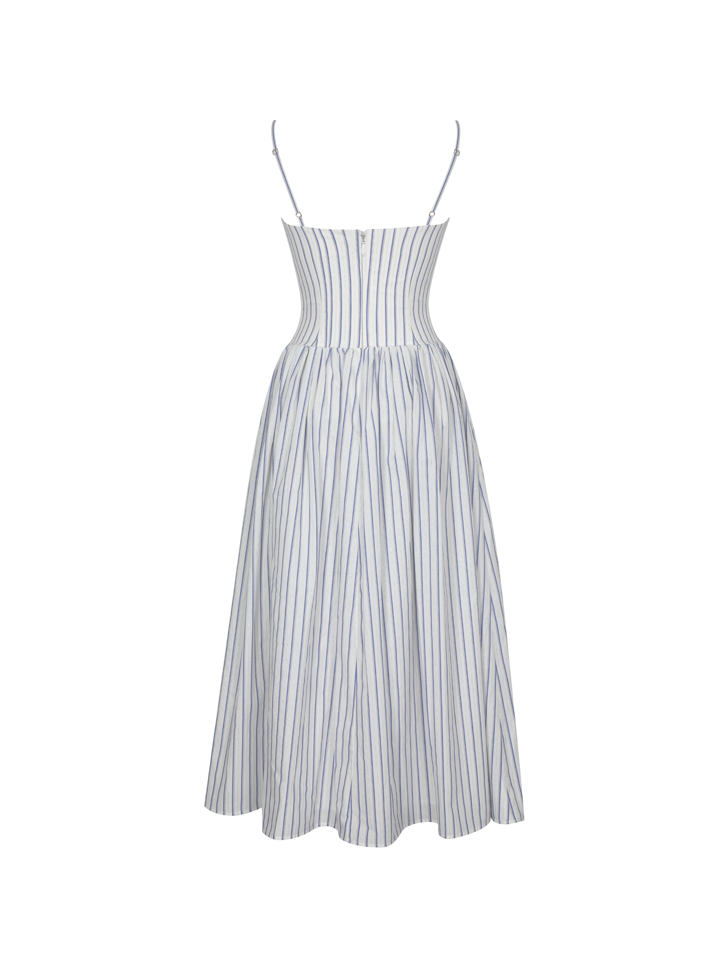 Olea Sky Blue Striped Cotton Poplin Ruched Midi Dress