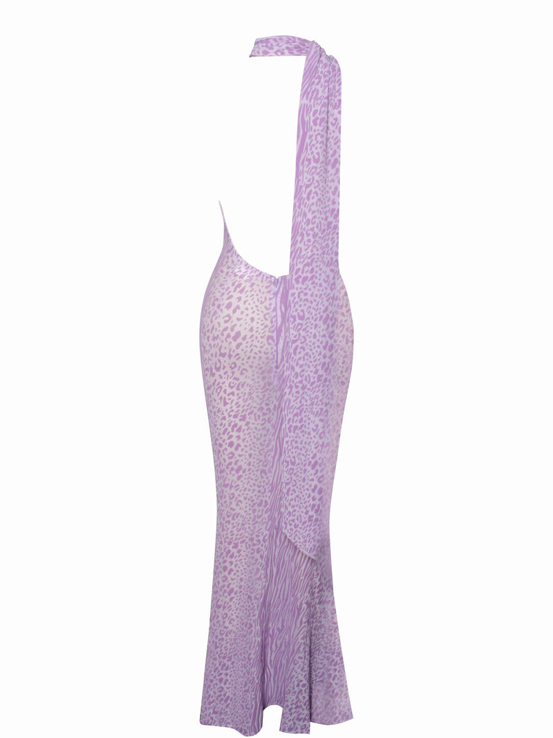 Olena Purple Burnout Velvet Animal Print Mesh Halter Neck Maxi Dress
