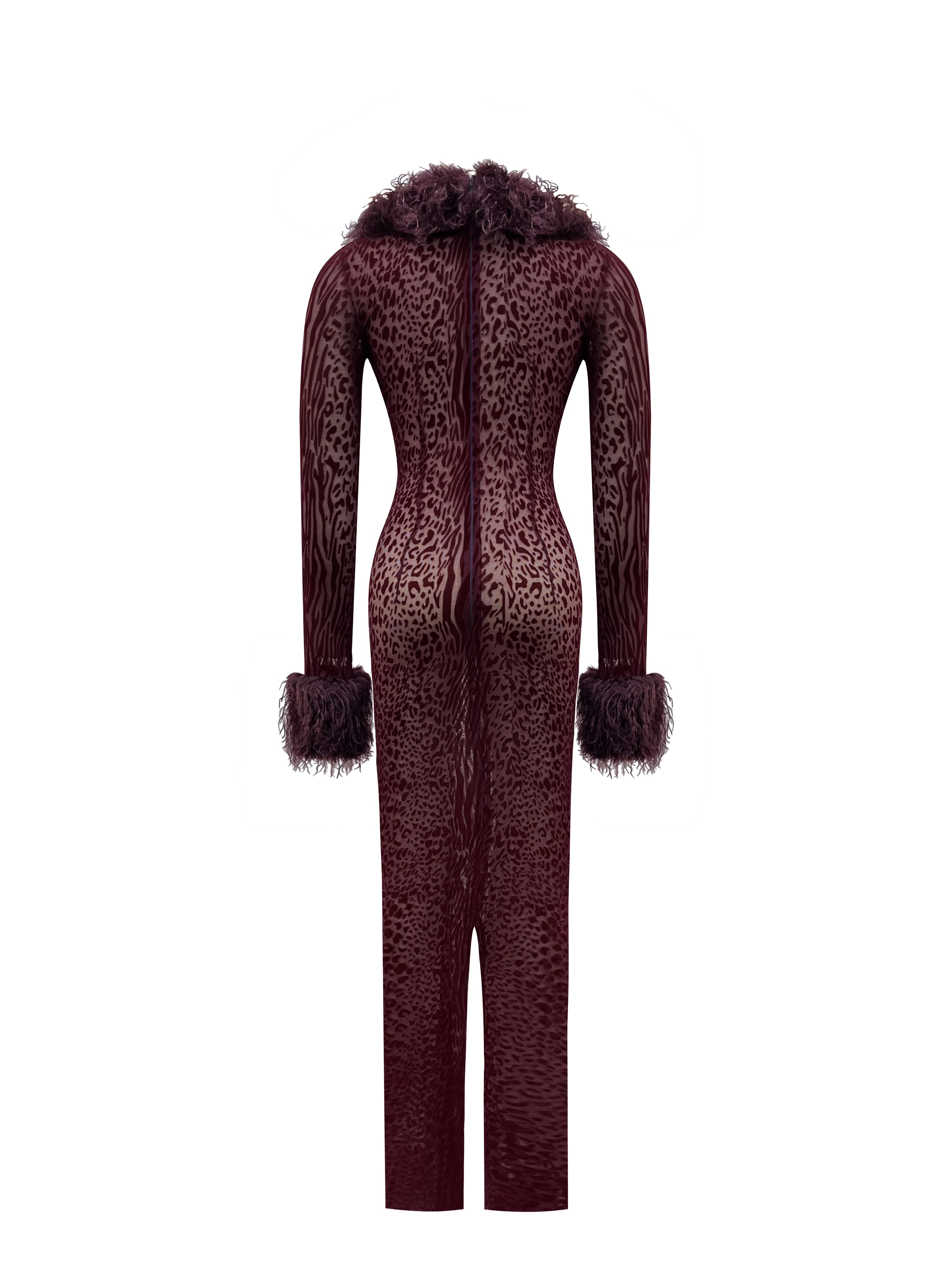 Luana Burgundy Plunging Fur Trimmed Crochet Maxi Dress