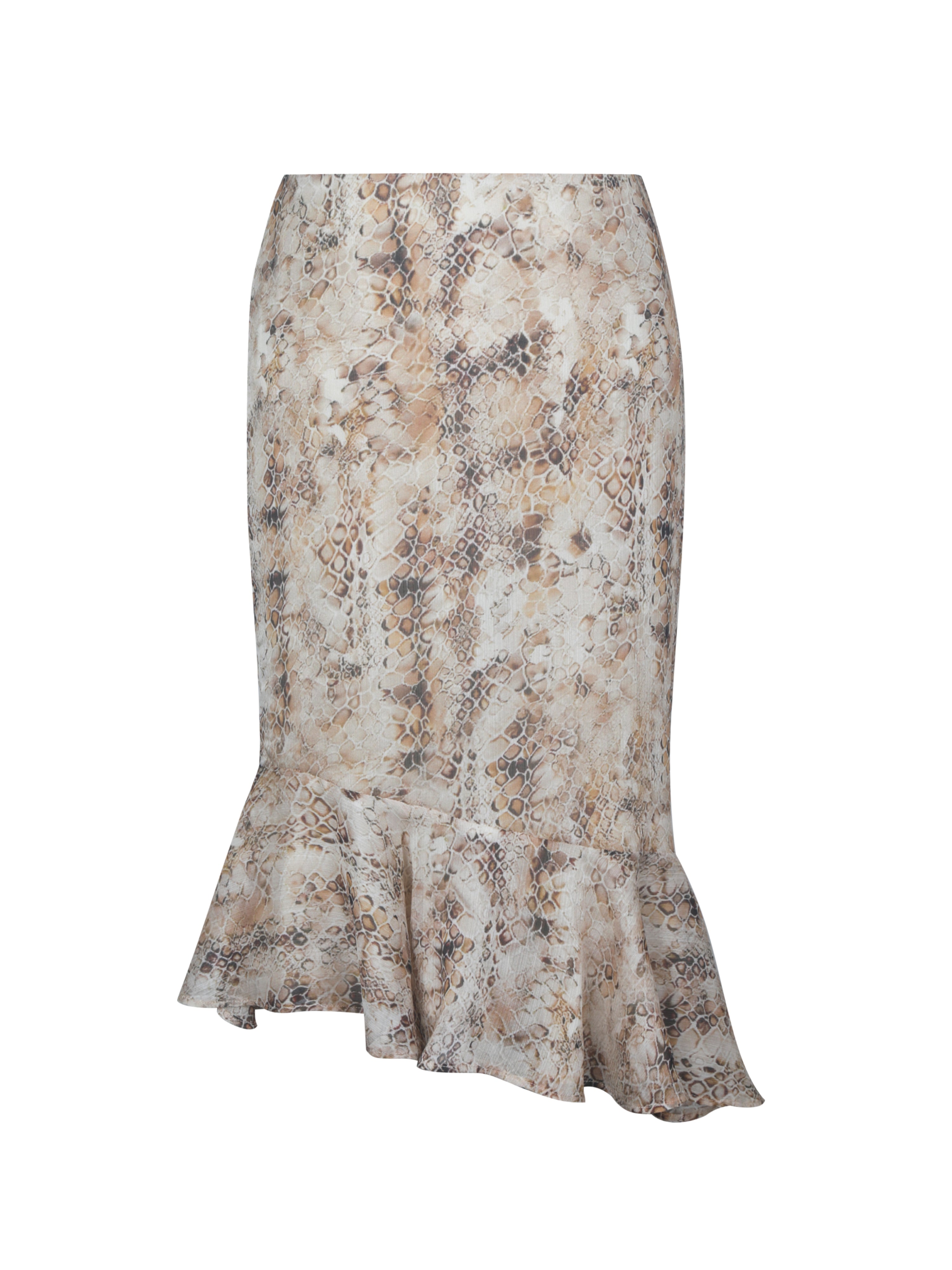 Umarah Tan Reptile Print Asymmetrical Ruffled Skirt