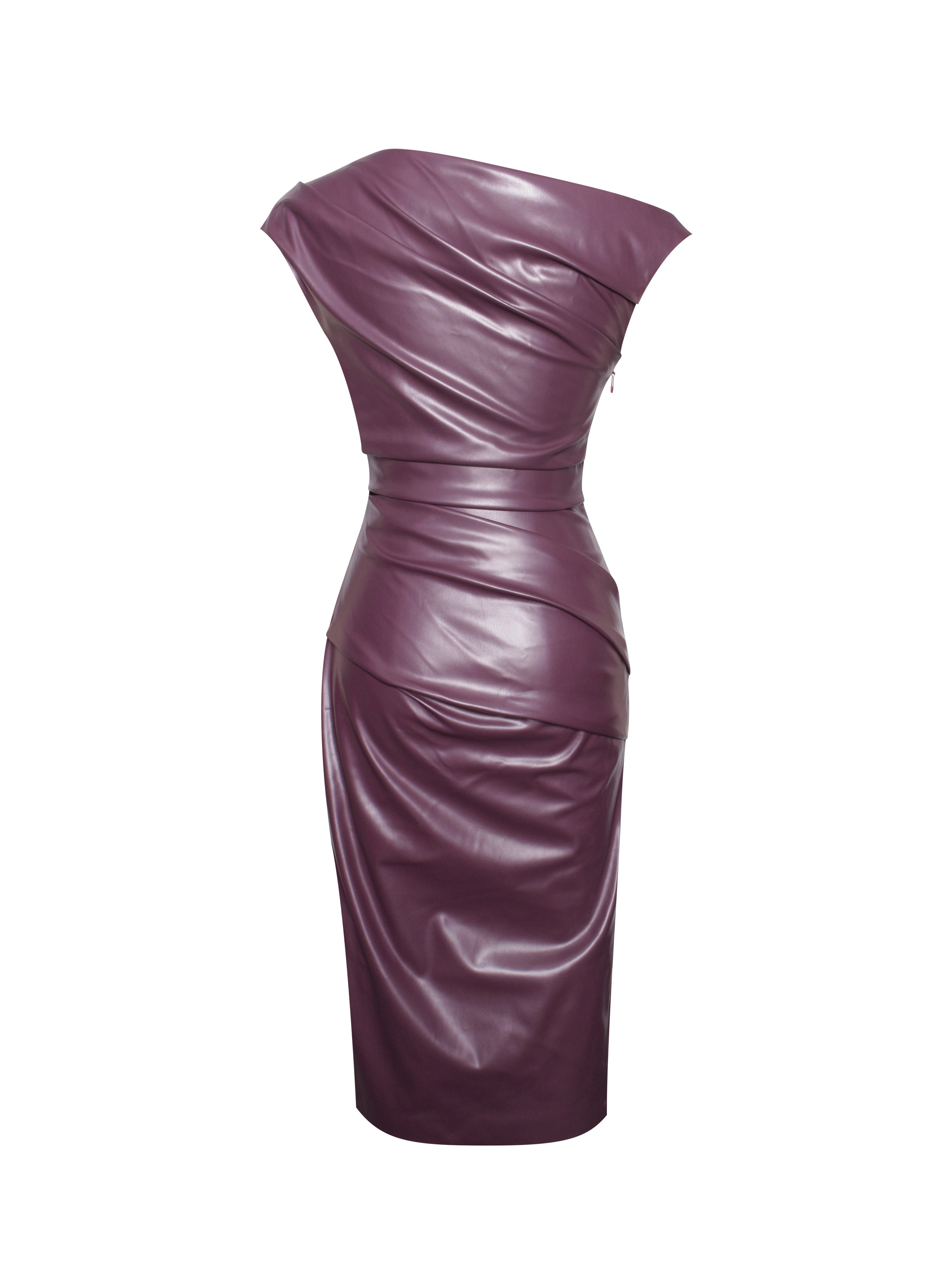 Sabina Purple Leather Slash Neck Midi Dress