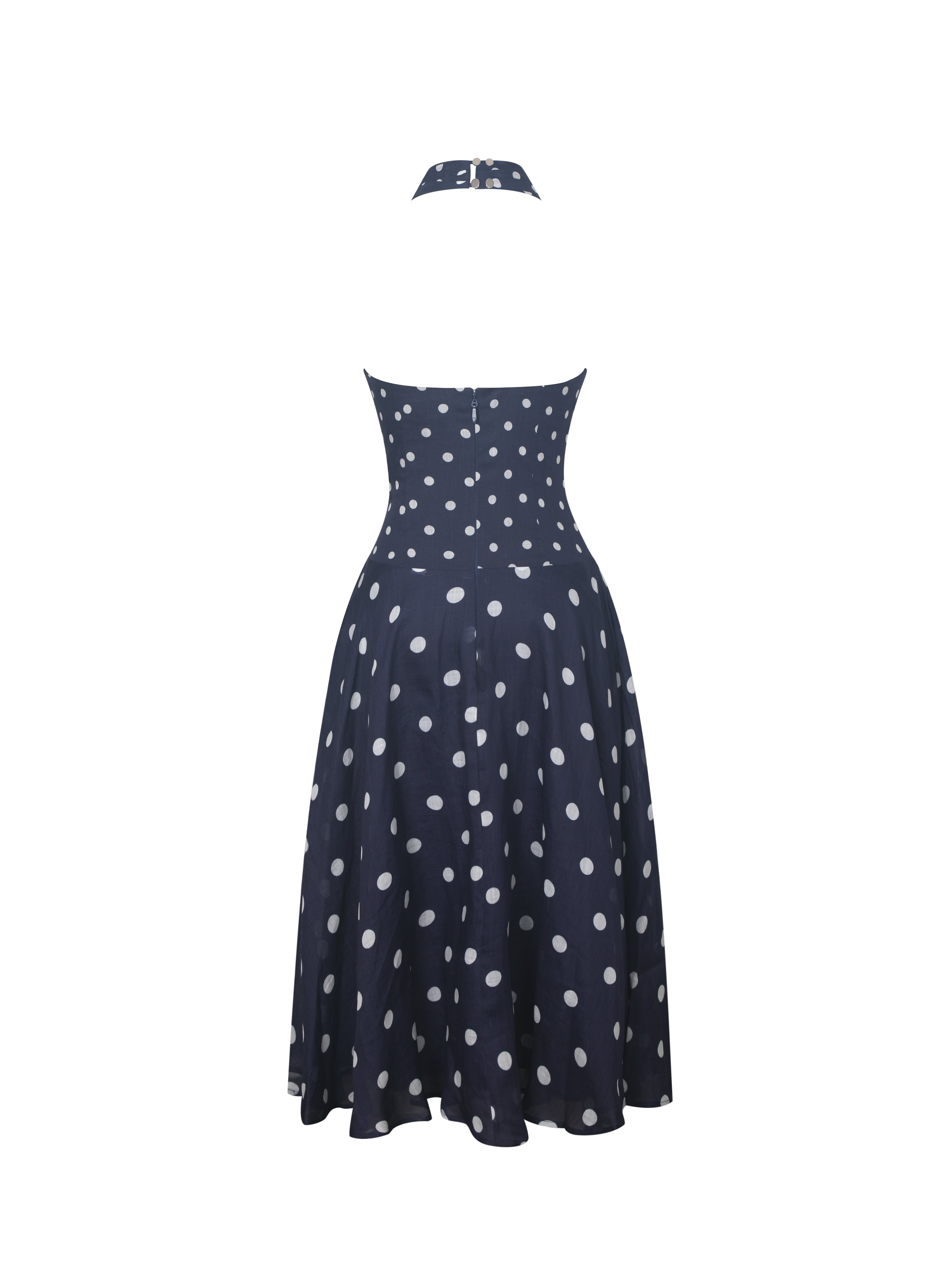 Nuri Navy Polka Dot Ramie Crossover Halter A-Line Midi Dress