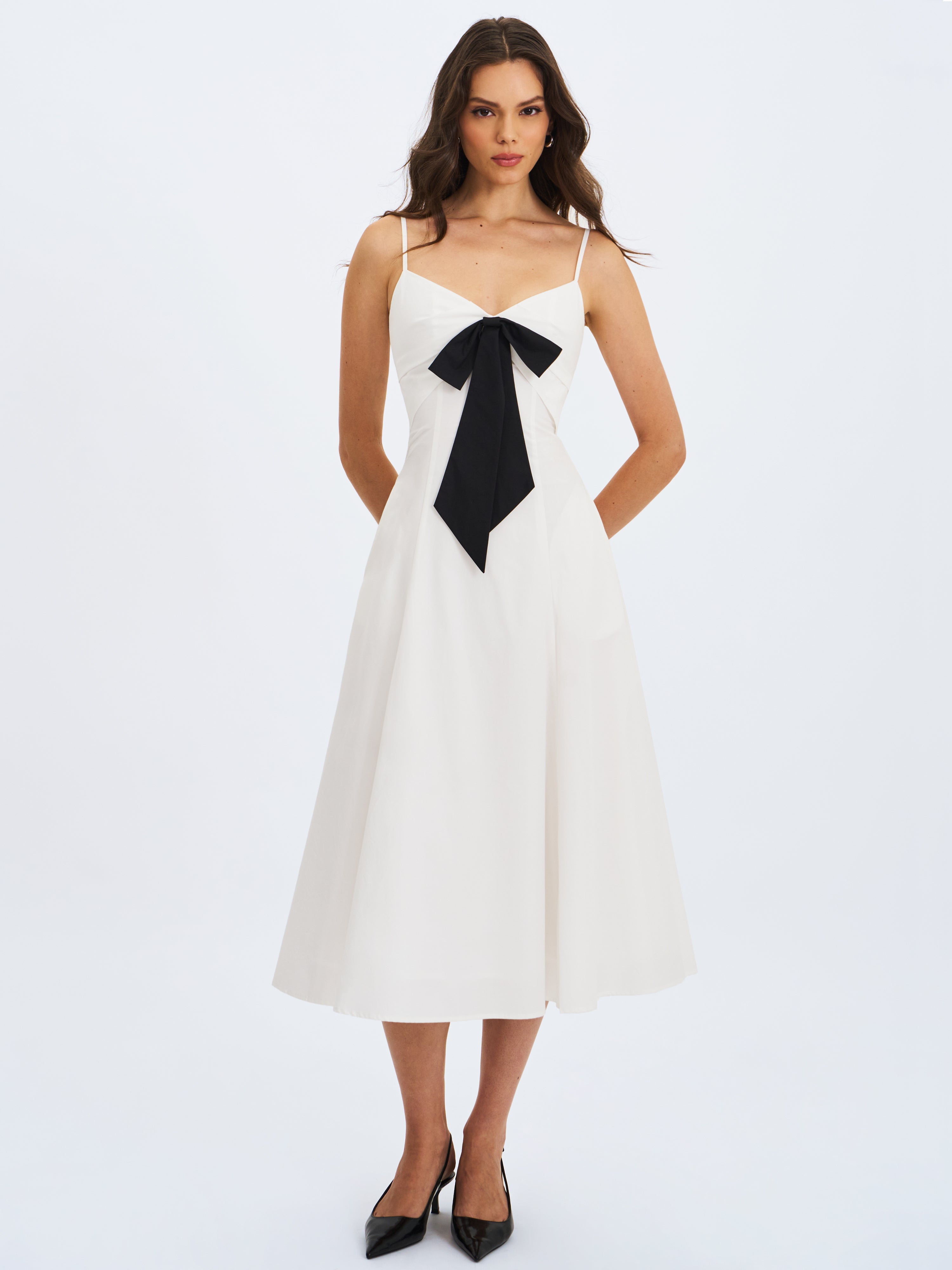 Corinne White Poplin Flared Maxi Dress with Removable Bow