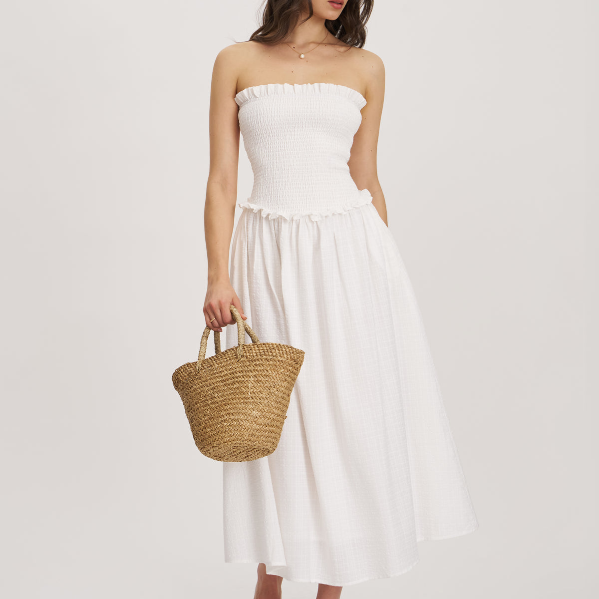 smocked midi dress white Miss Circle Women's Quadiya Smock Top Strapless Drop Waist Midi Dress