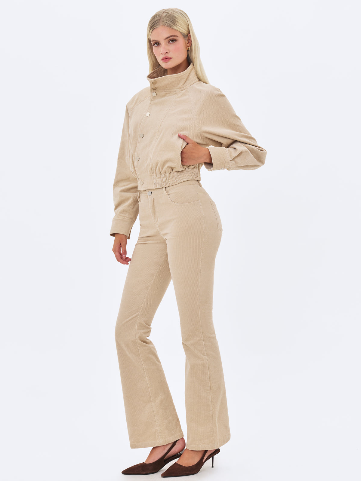 Romilly Beige Cotton Corduroy Funnel Collar Jacket