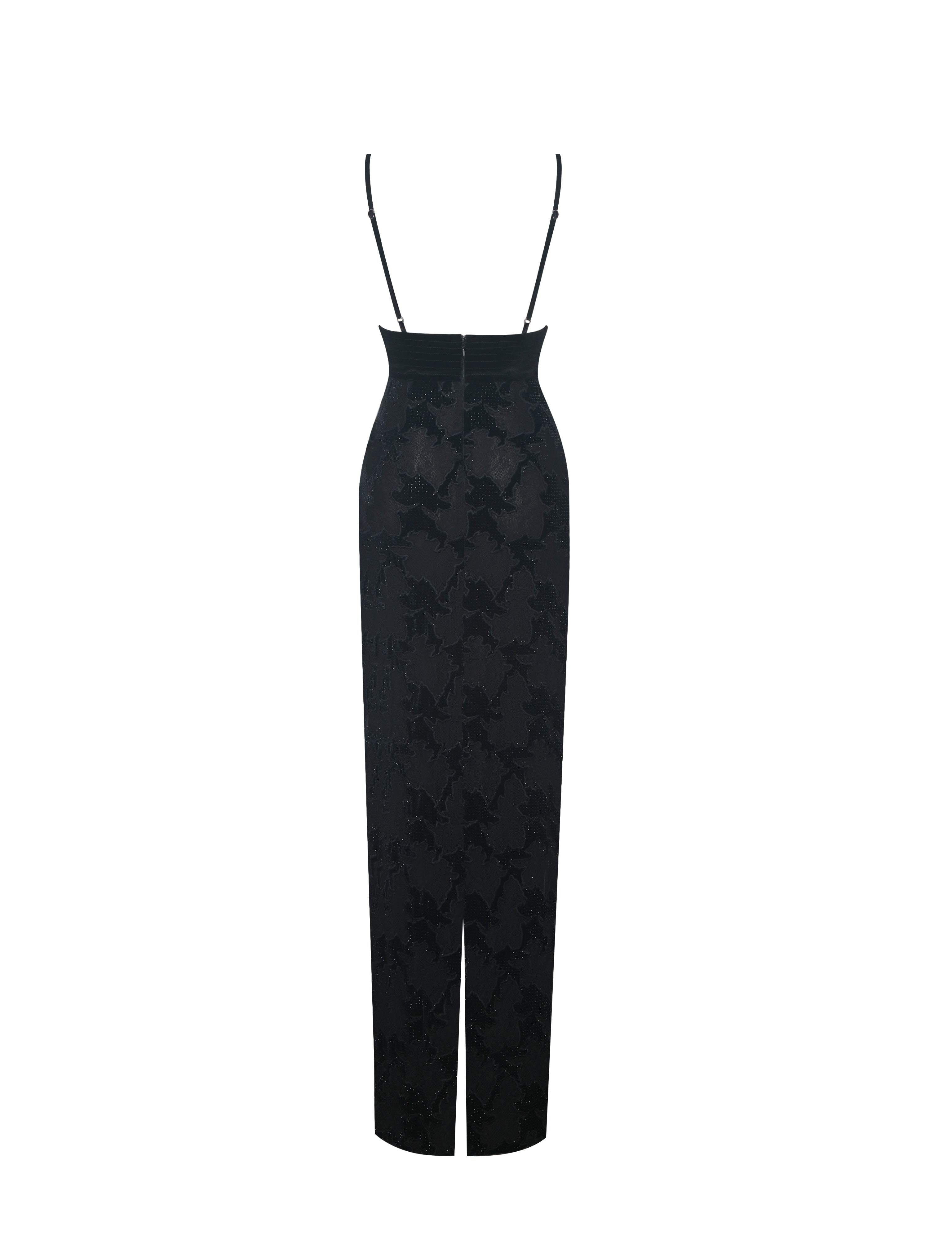 Quinsley Black Velvet Crystal Lace Maxi Dress