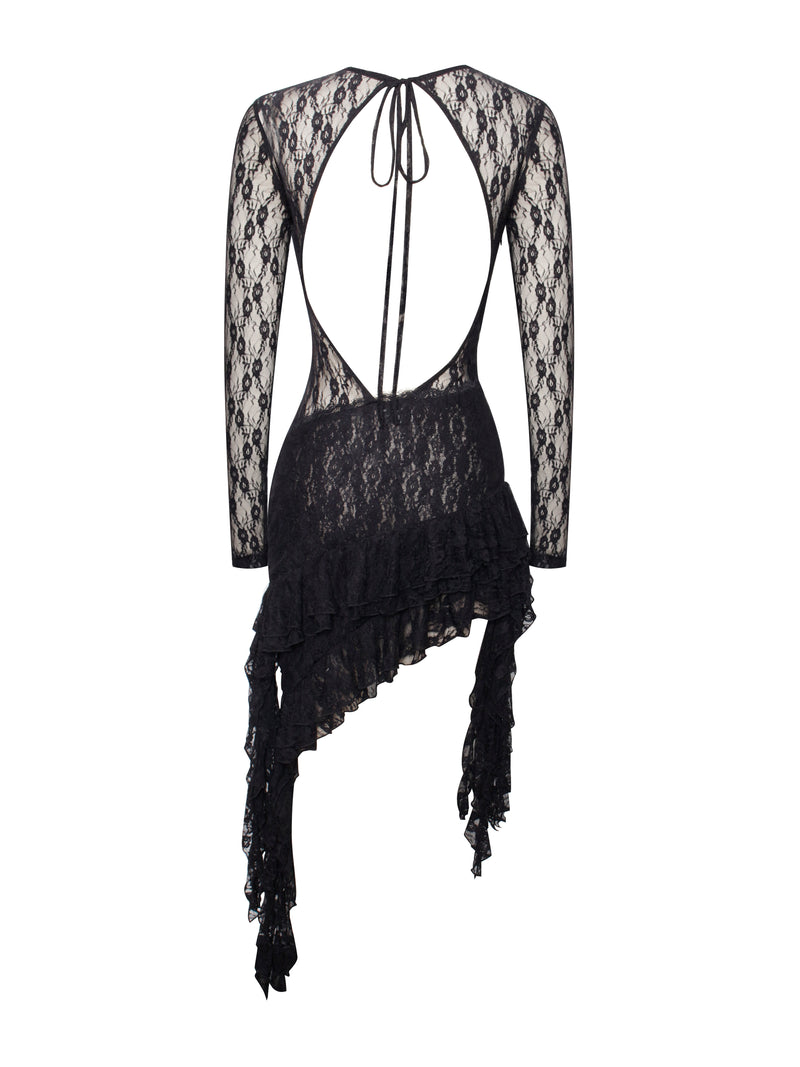 Omaira Black Lace Long Sleeve Ruffle Dress