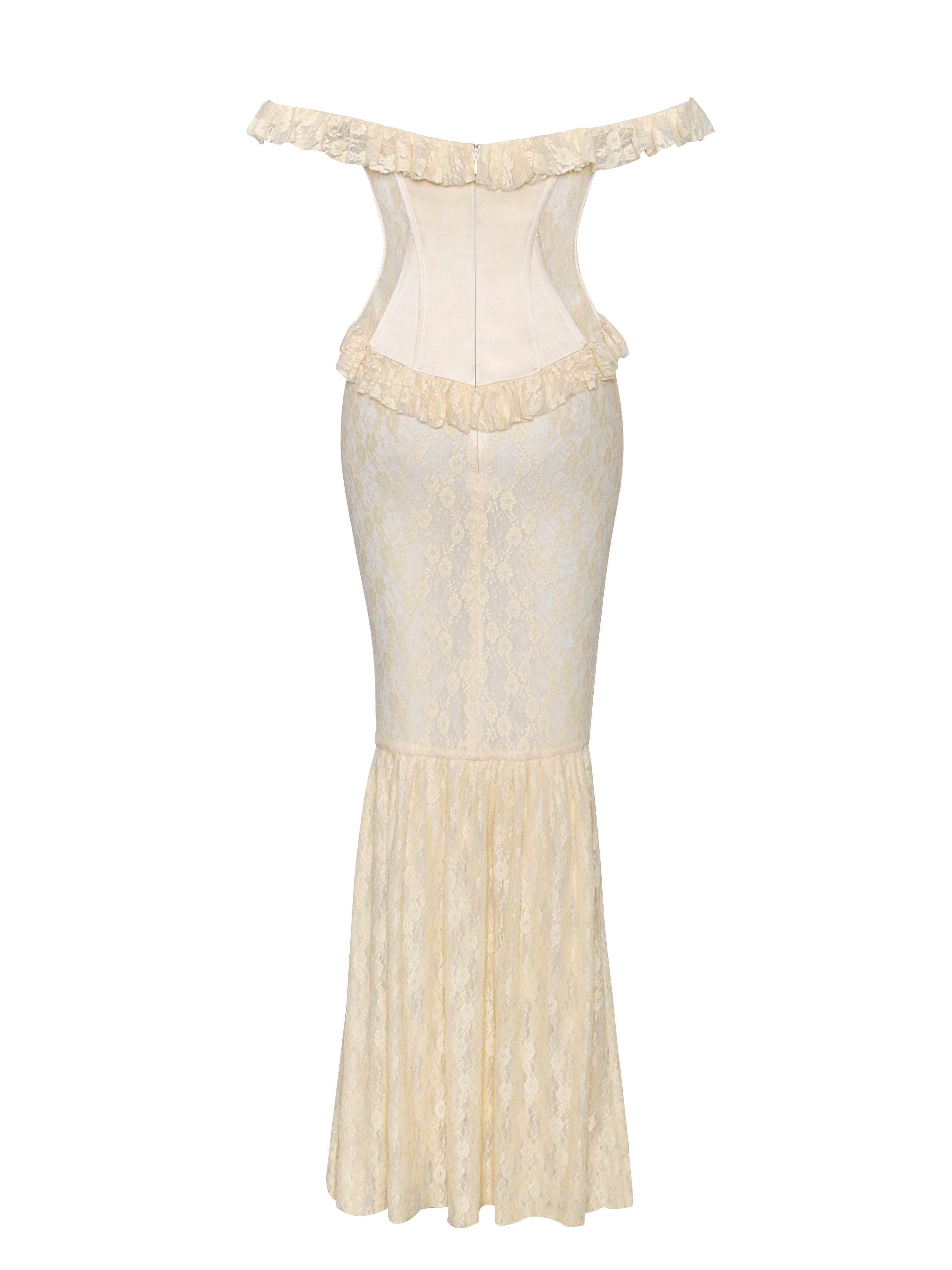Miss Circle Women's Ersilia Pale Yellow Satin Lace Peplum Corset Off Shoulder Maxi Dress - Pale Yellow Miss Circle Women's Ersilia Pale Yellow Satin Lace Peplum Corset Off Shoulder Maxi Dress - Pale Yellow