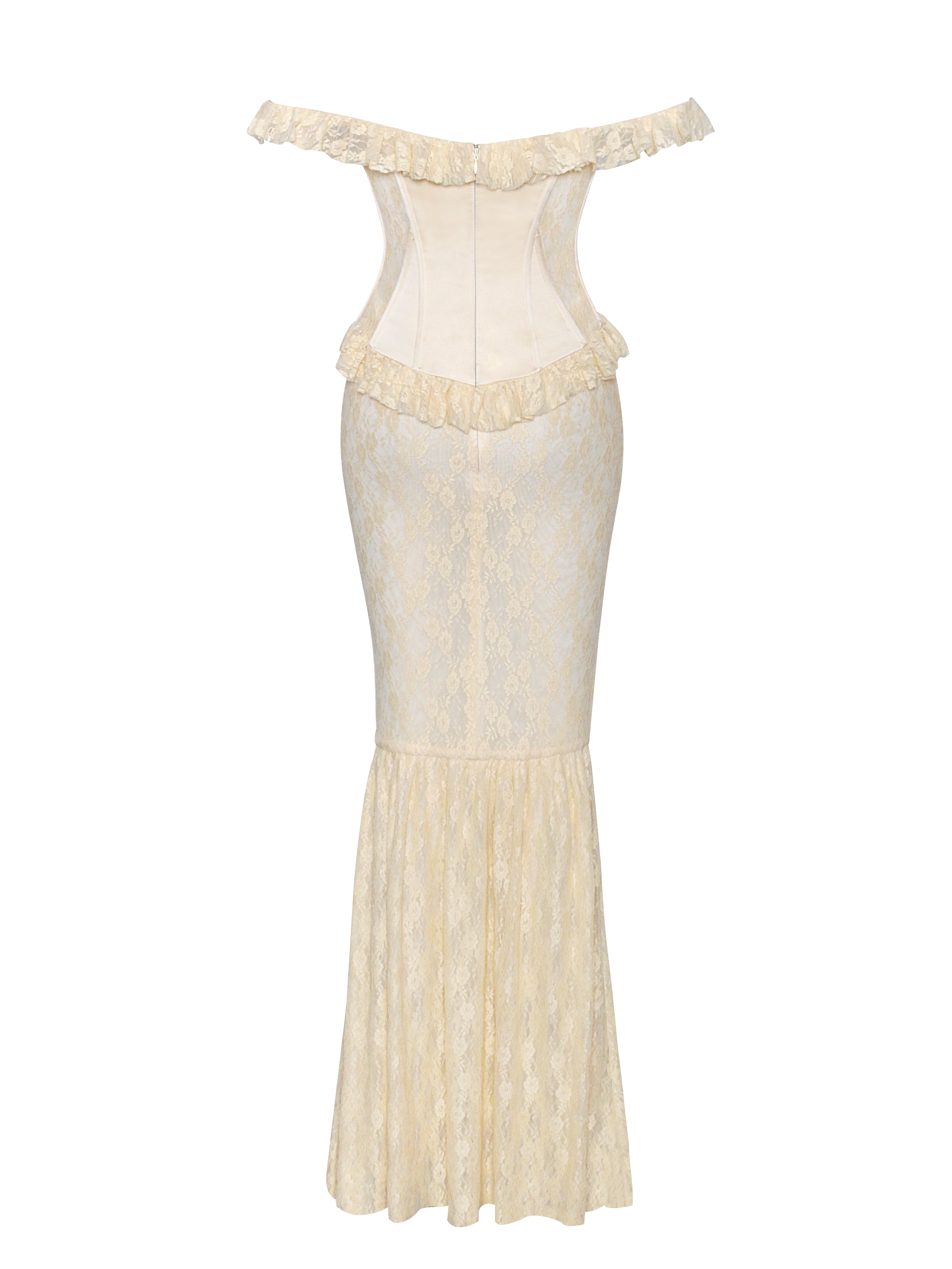 Ersilia Pale Yellow Satin Lace Peplum Corset Off Shoulder Maxi Dress