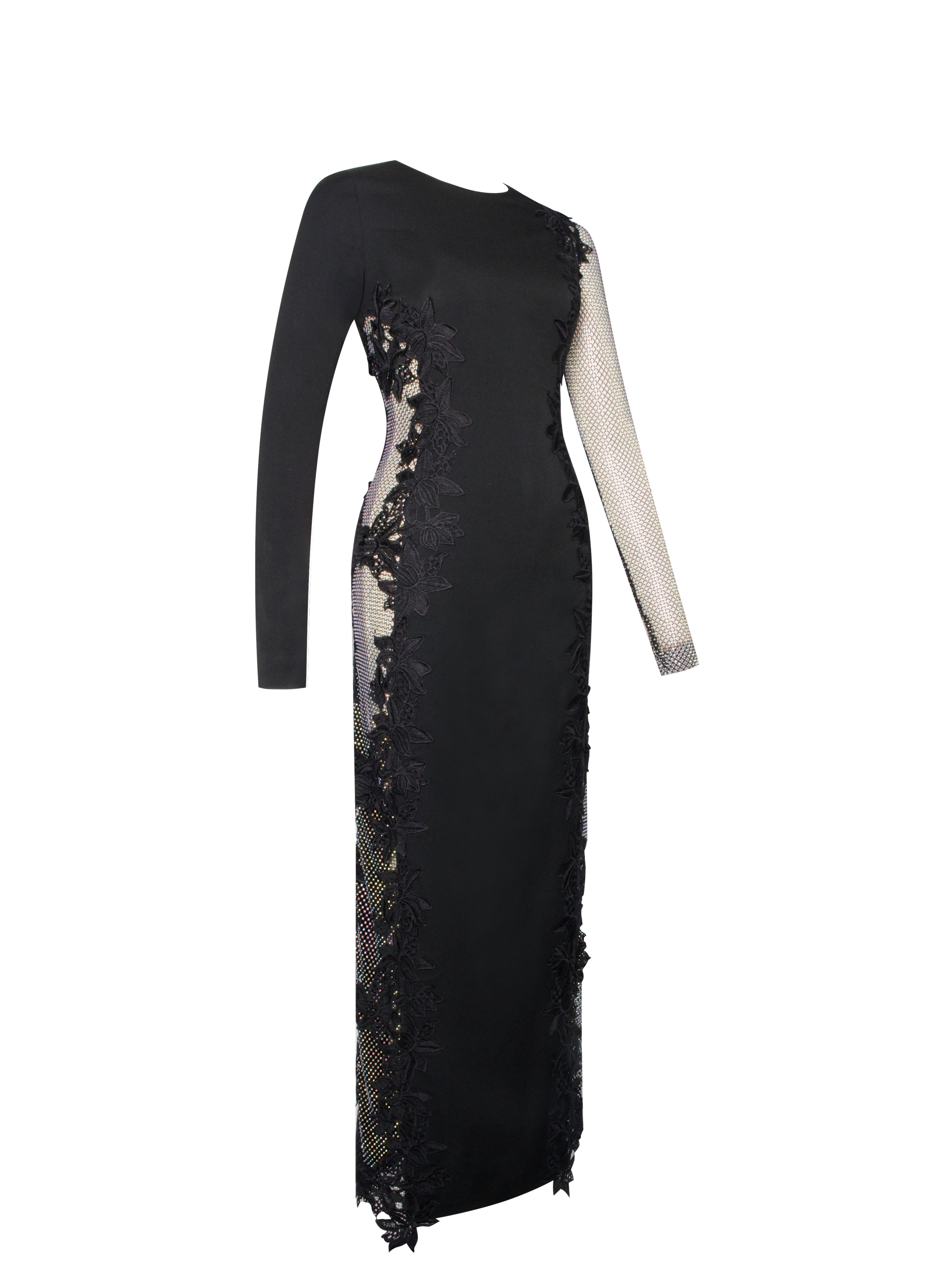 Bailey Lace Trim Crystal Net Cutout Long Sleeve Gown