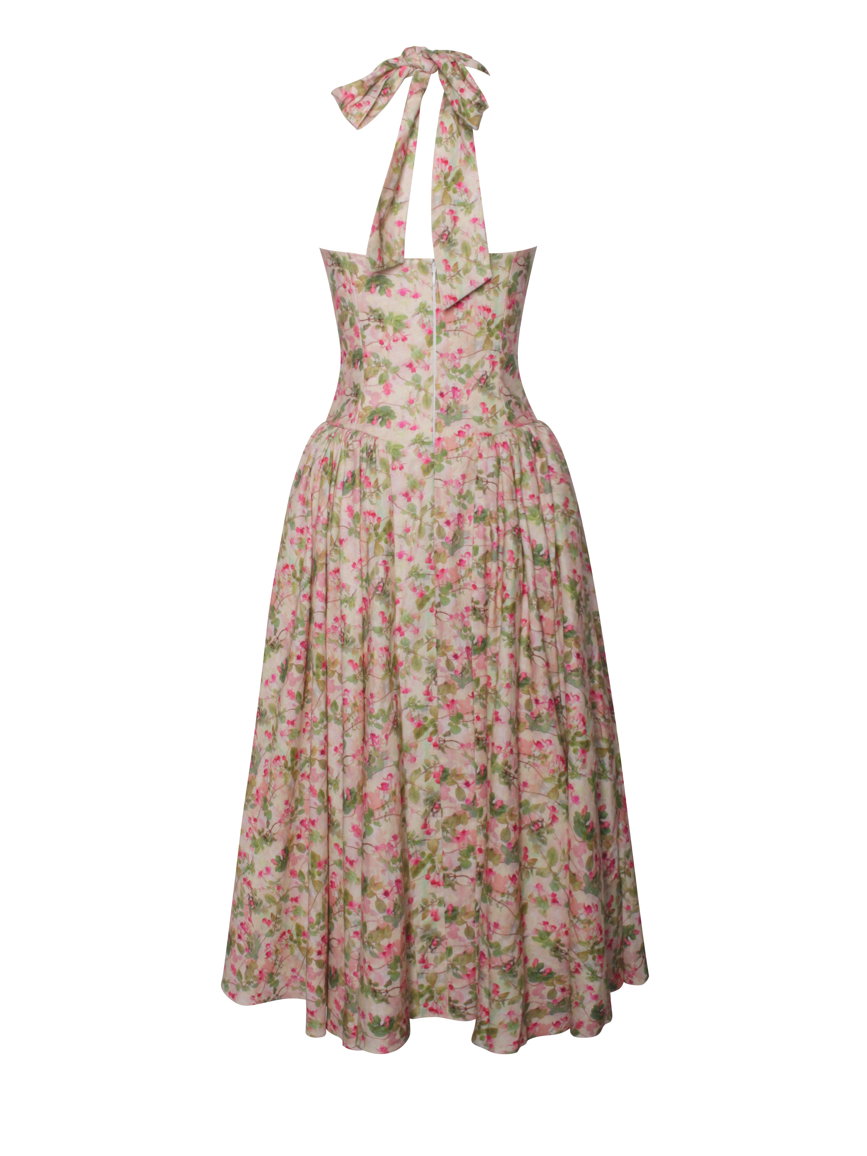 Niya Floral Print Linen Halter Corset Maxi Dress