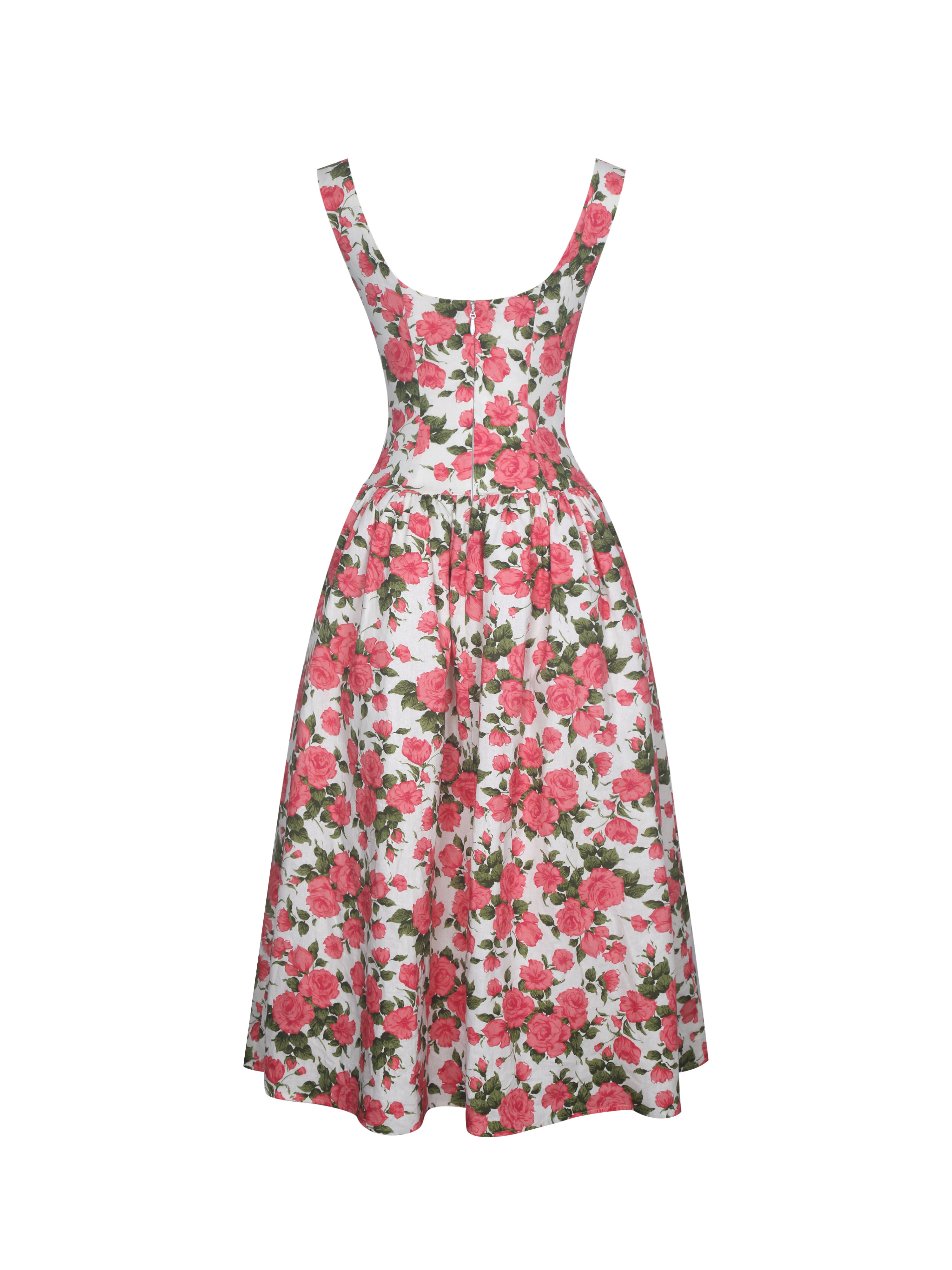 Wilfreda Blooming Pink Floral Linen Sweetheart Midi Dress