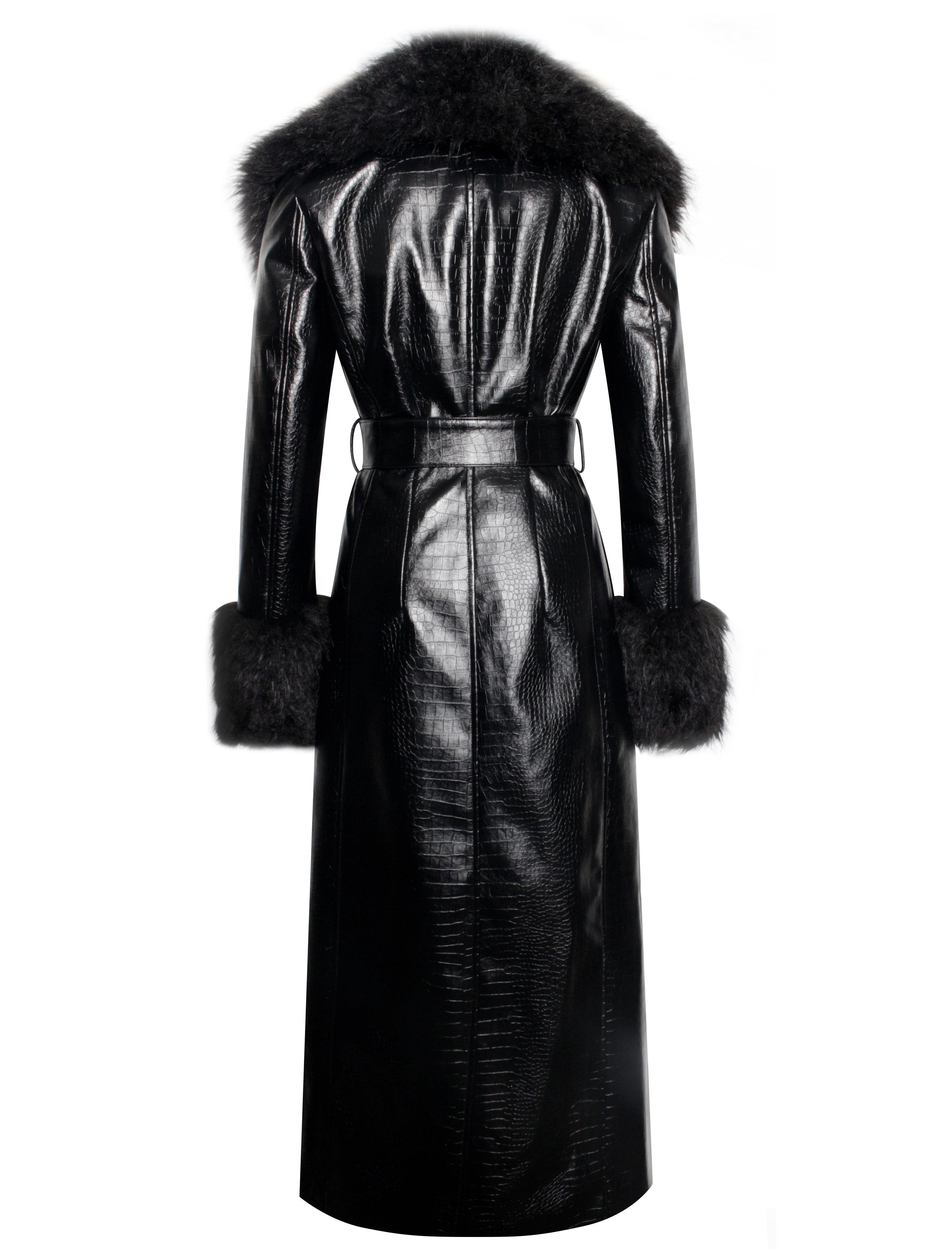 Zella Black Fur Trim Vegan Croc Leather Coat